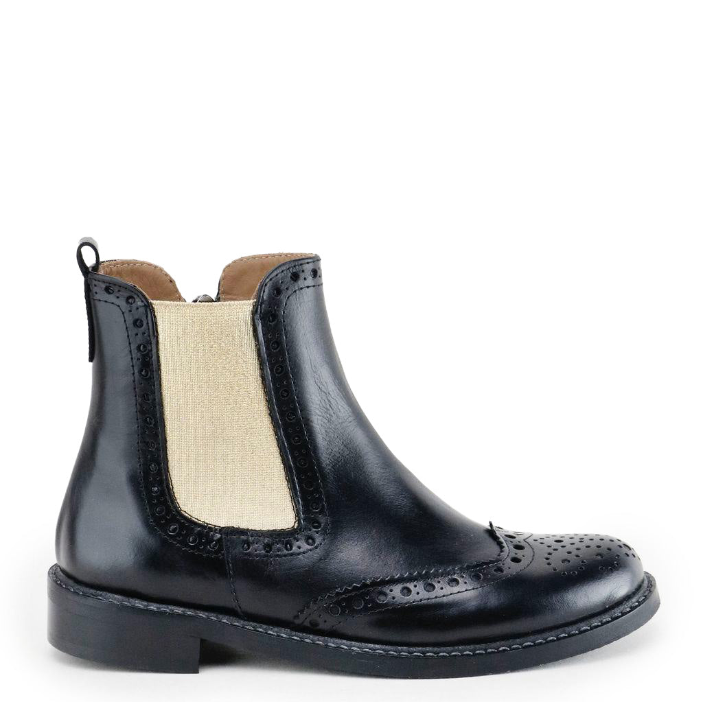 Stylish Black and Gold Wingtip Booties for Women - Fashionable Ankle Boots for Office, Party & Casual Wear | Comfortable & Trendy Footwear