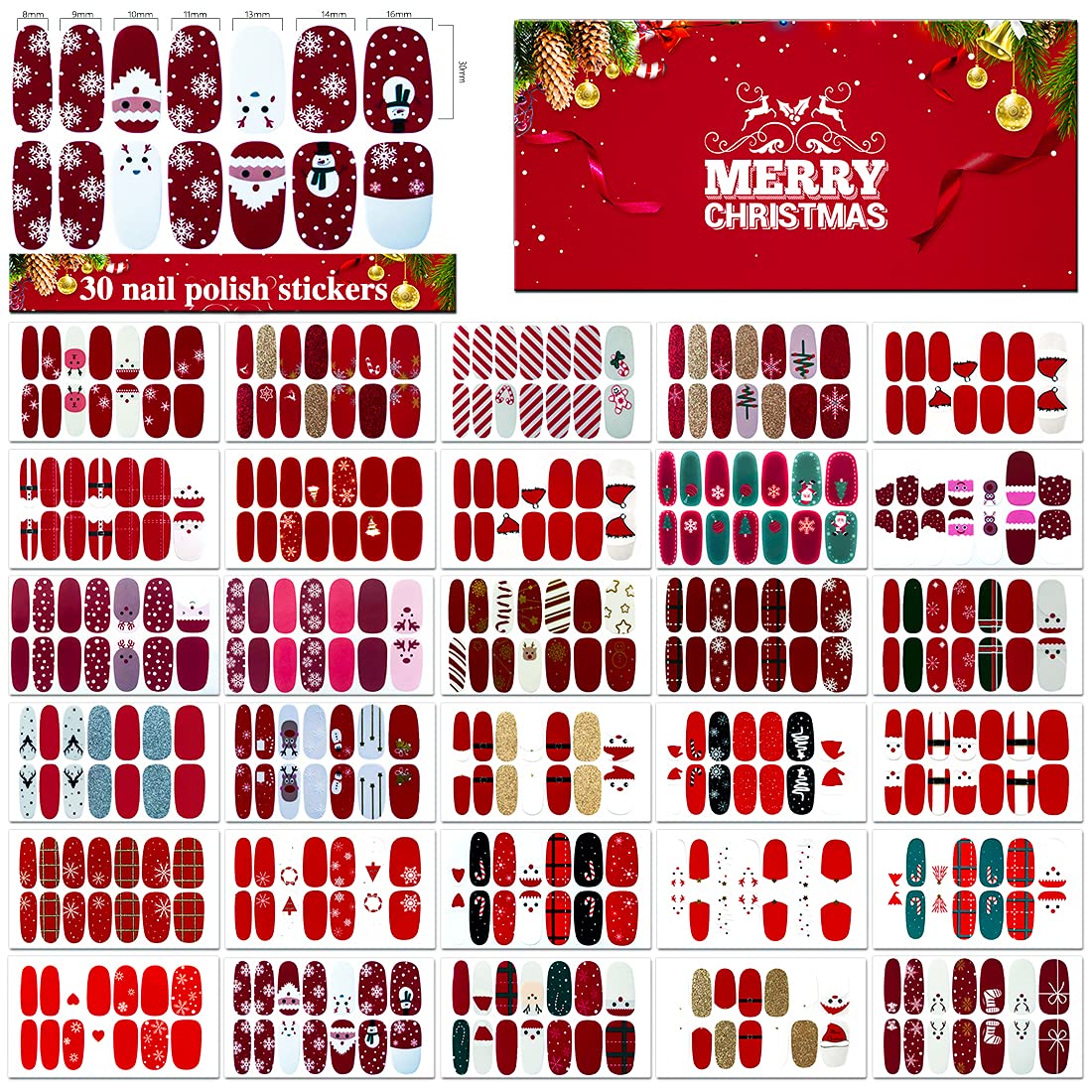 30 Sheets Christmas Nail Polish Strips - Red Holiday Nail Wraps with Santa & Snowflake Designs, Self-Adhesive Nail Art for Women, Includes Nail File | Perfect for Christmas Parties, Gift Giving & Festive Nail Decorations