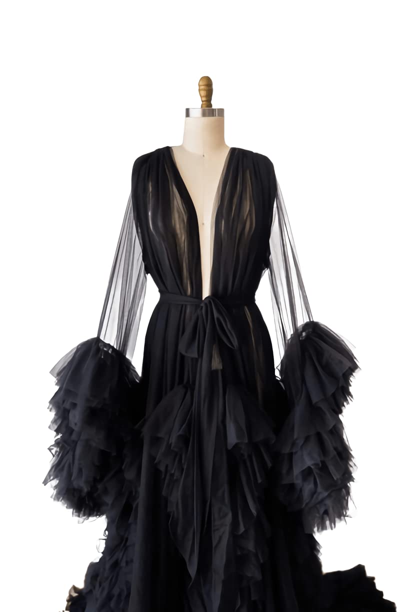 Sexy Sheer Tulle Robe for Women - Long Lingerie Nightgown, Bridal Wedding Sleepwear, Maternity Photoshoot Bathrobe - Perfect for Boudoir, Honeymoon & Special Occasions