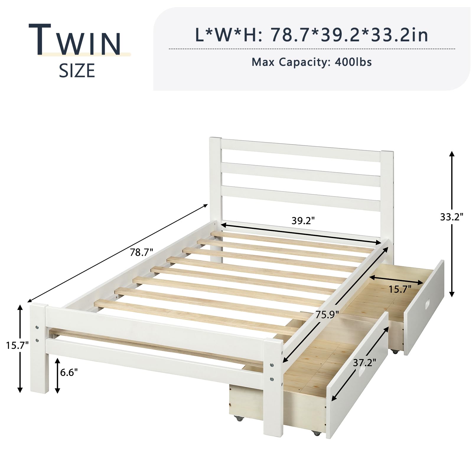 **Twin Size Modern Platform Bed Frame with 2 Storage Drawers & Headboard - Solid Wood Slat Support, No Box Spring Needed - Country Style Bedroom Furniture for Boys & Girls (White) - Perfect for Small Spaces, Kids' Rooms & Guest Bedrooms**