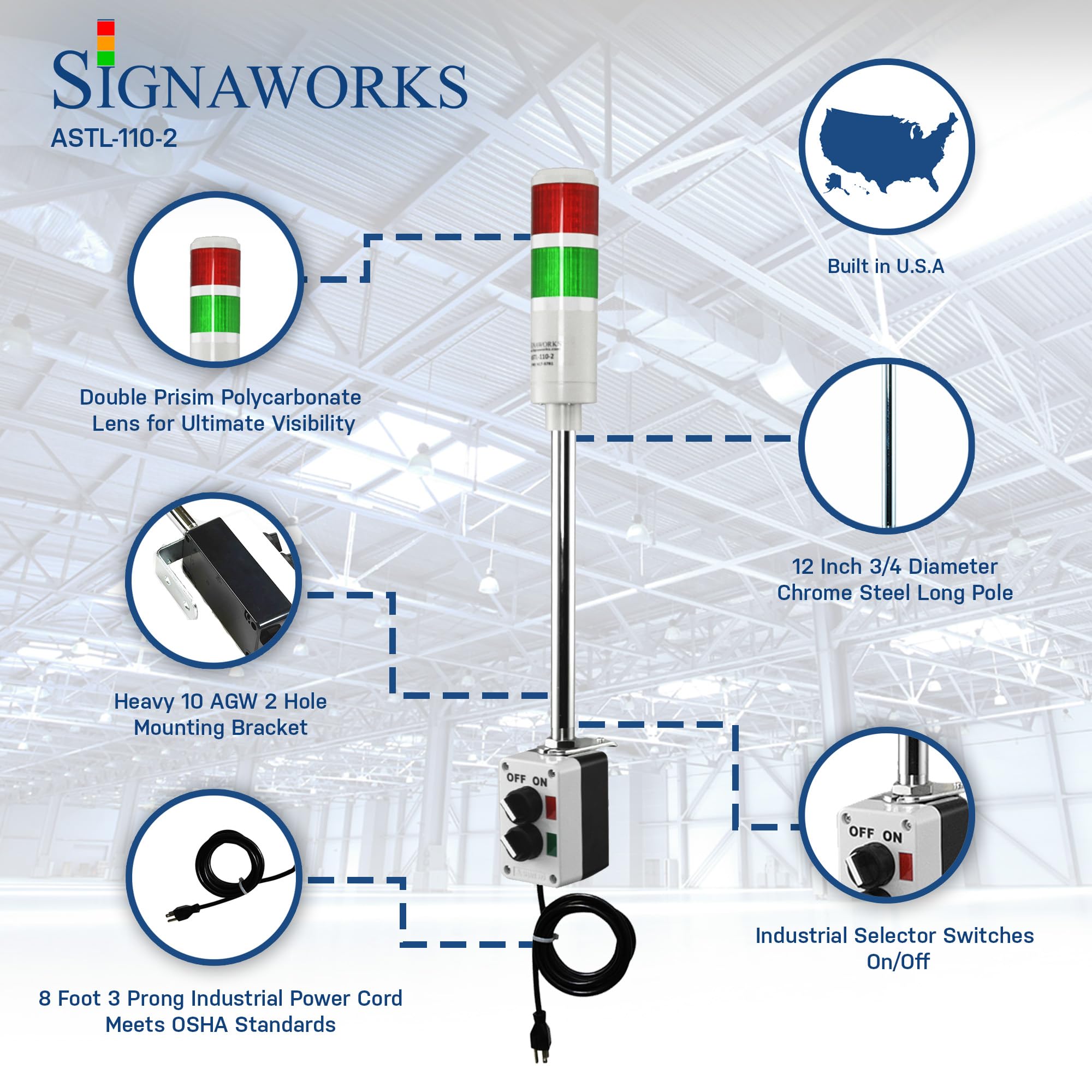 Signaworks 2 Stack LED Andon Tower Light - Red/Green, Off-Steady On Mode, 8ft Industrial Power Cord with 3-Prong Plug (OHSA Compliant) - Plug & Play Ready for Factory Assembly Lines, Warehouse Alert Systems & Manufacturing Safety Monitoring (Assembled in USA)