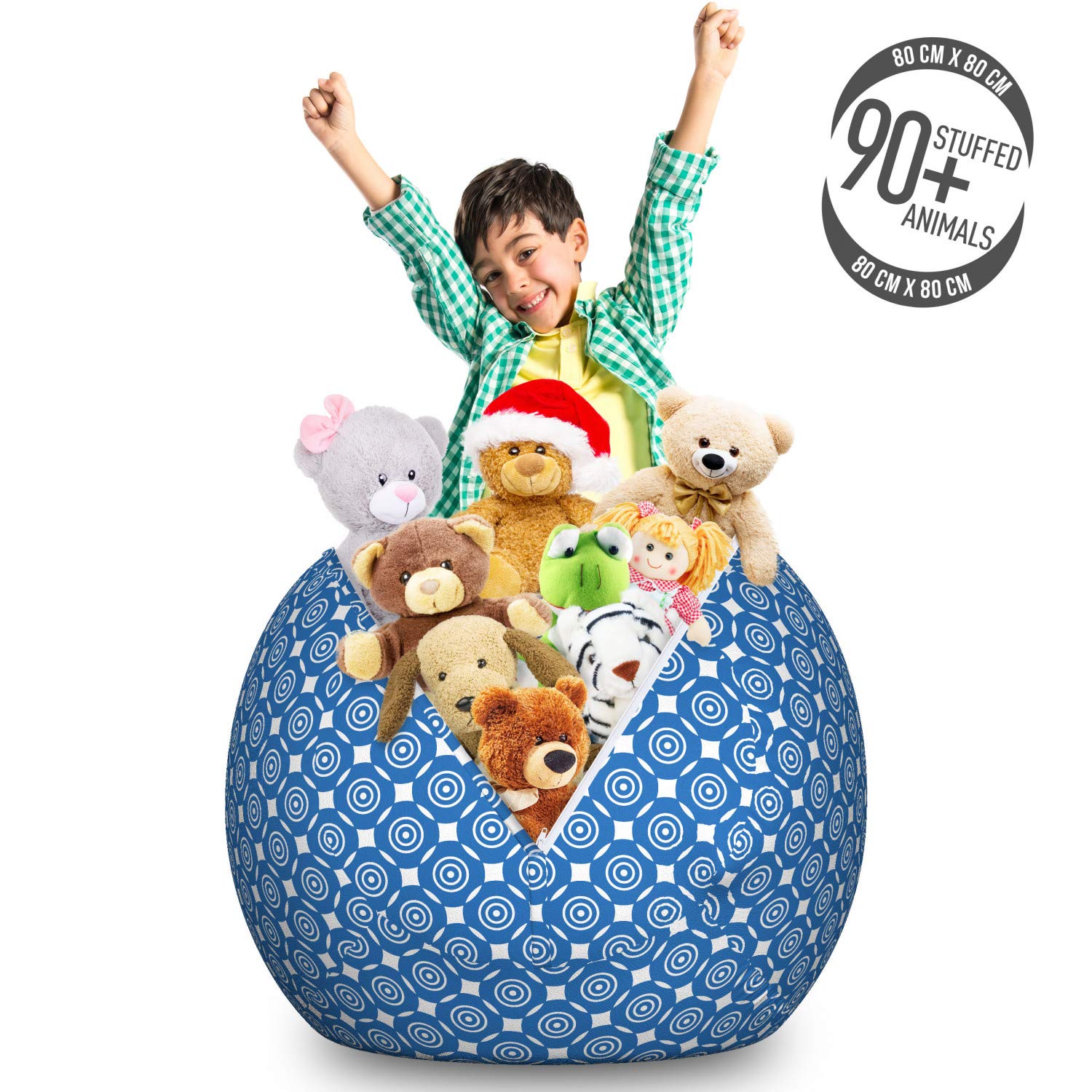 Ambesonne Blue and White Storage Toy Bag Chair - Large Washable Stuffed Animal Organizer with Bullseye Circles & Geometric Design - Perfect for Kids' Room, Playroom, and Dorm Organization