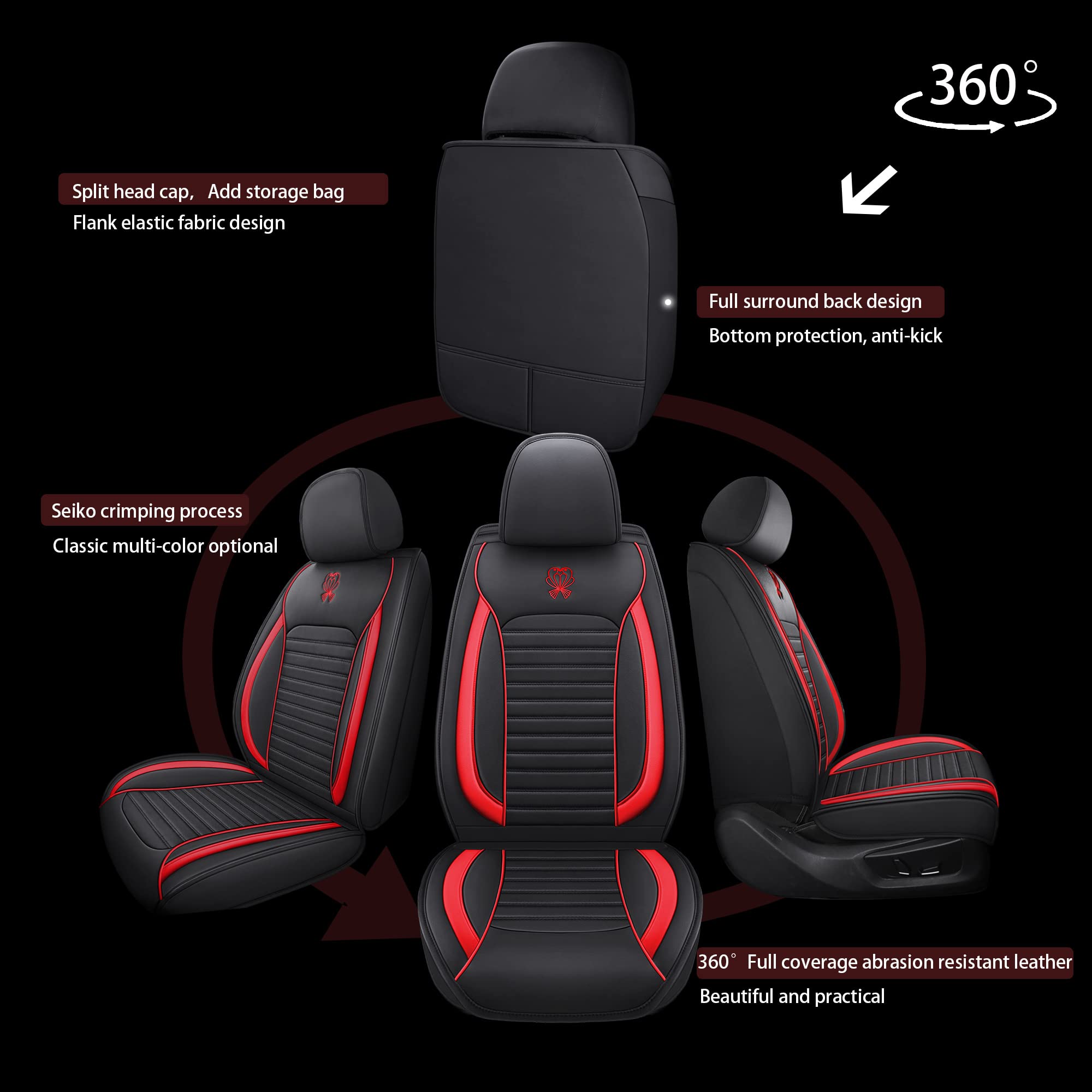 Premium Universal Leather Car Seat Covers Full Set - Non-Slip Waterproof Auto Seat Protectors for Cars, SUVs & Trucks (Black & Red) | Perfect for Daily Commutes, Road Trips & Pet Protection