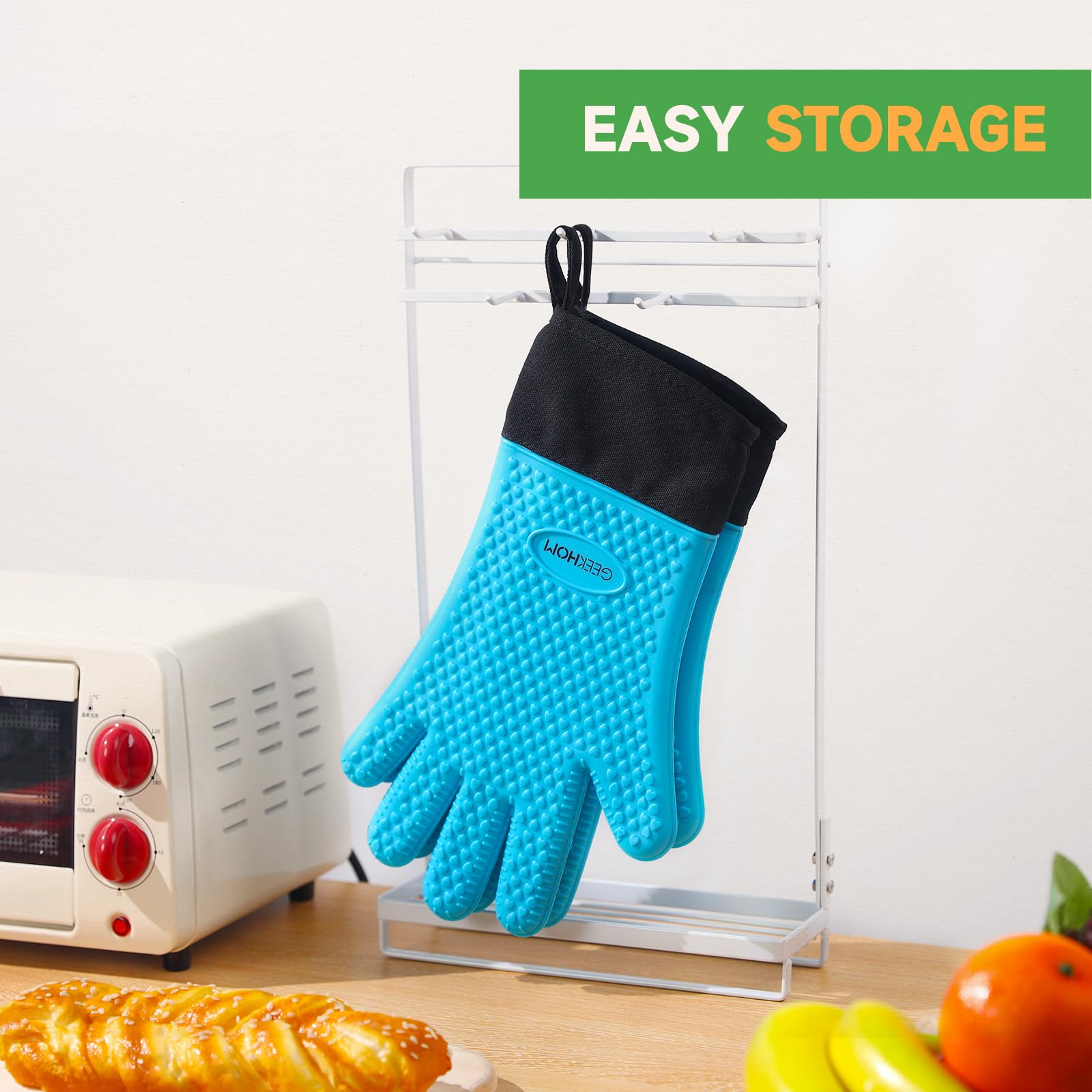 GEEKHOM Heat Resistant BBQ Gloves - Extra Large Silicone Oven Mitts for Grilling, Baking & Frying - Waterproof, Non-Slip & Oil Resistant Kitchen Gloves - Perfect for Weber Grill, Smoker, Microwave & Outdoor Cooking (Aqua Blue)