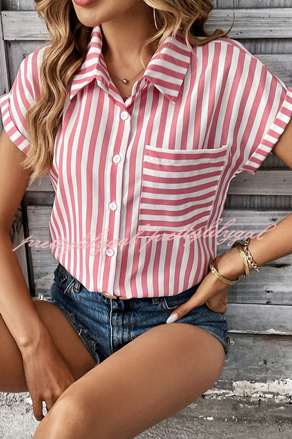 Men's Striped Print Short Sleeve Pocket Shirt - Casual Summer Button Down Top for Beach, Office & Outdoor Activities