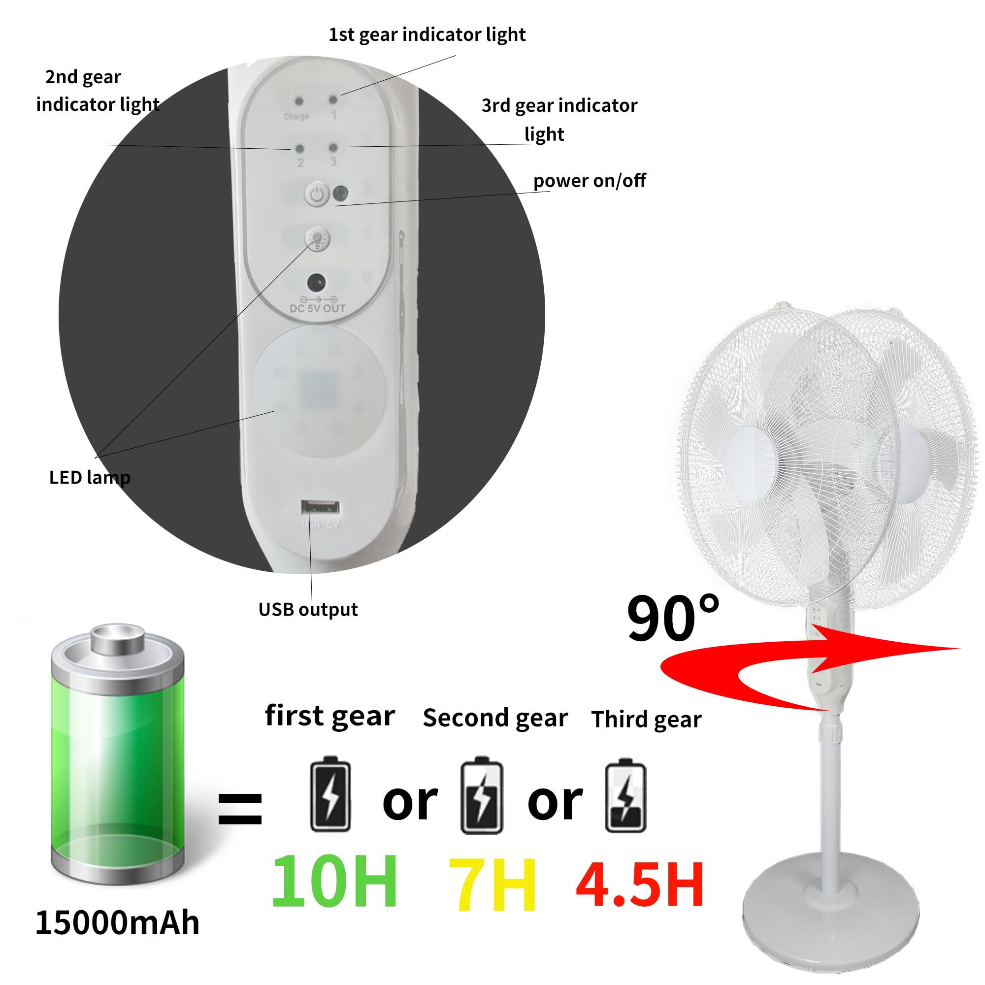 16-Inch Solar Rechargeable Oscillating Standing Fan with Remote Control - 15000mAh Battery, Adjustable Height - Perfect for Bedroom, Office, Patio, Camping & Outdoor Activities