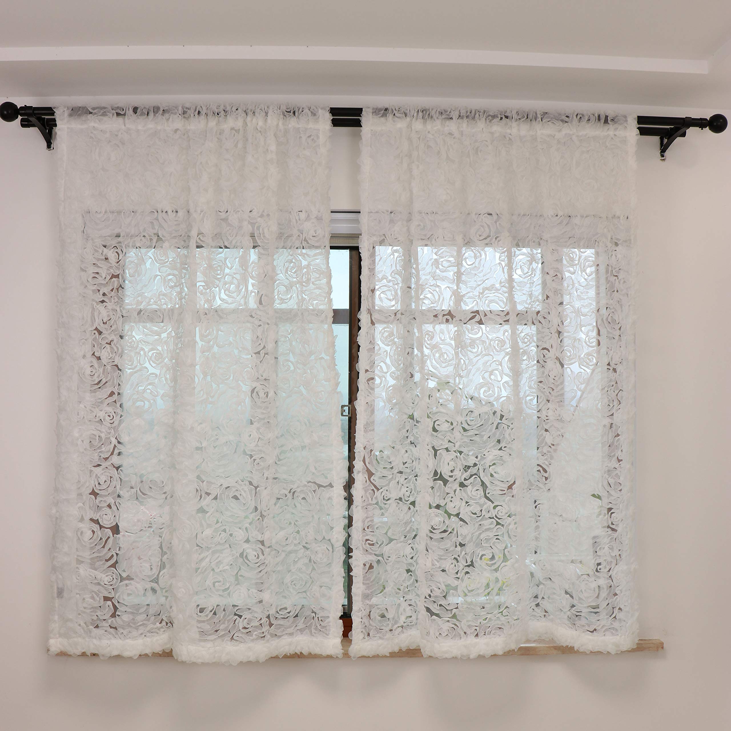 SLOW SOUL Set of 2 White 3D Rose Luxury Sheer Curtain Panels - 51W x 63L Inches with Rod Pocket - Elegant Window Drapes for Girls Bedroom, Living Room & Nursery - Perfect for Light Filtering and Privacy