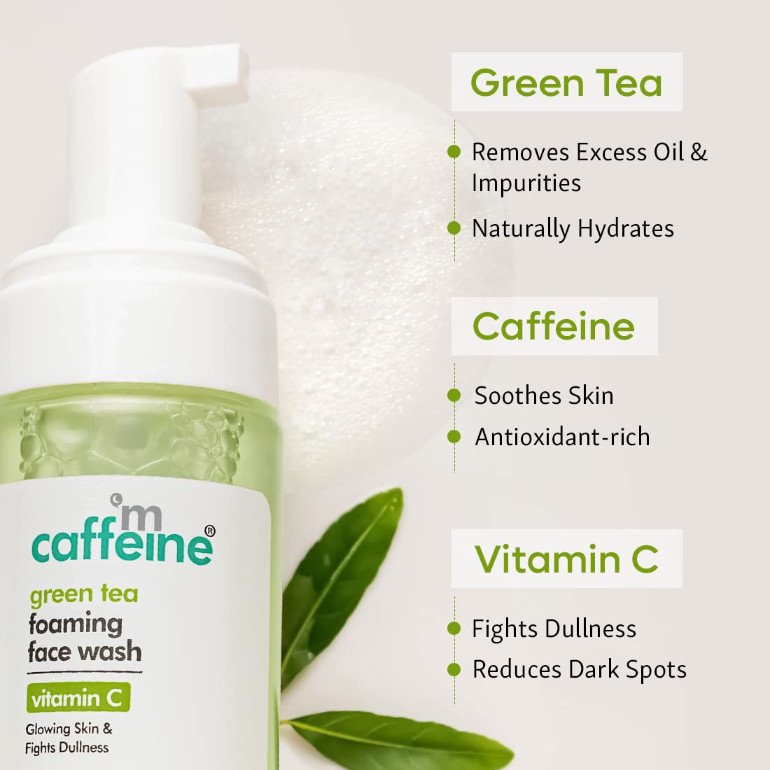 mCaffeine Foaming Face Wash for Combination Skin - Reduces Dark Spots & Balances Oil | Vitamin C, Aloe Vera & Green Tea Formula | Refreshing Daily Facial Cleanser for Men & Women | 110ml | Perfect for Morning & Night Skincare Routine