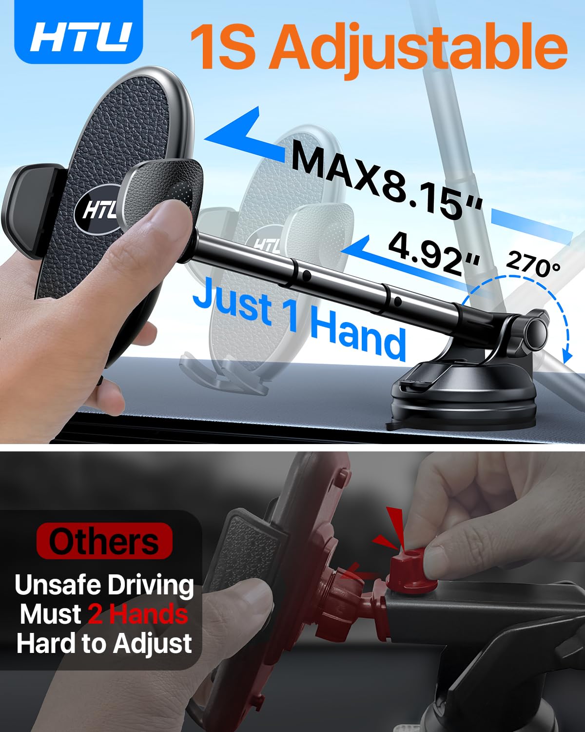 Military-Grade Car Phone Holder with 1-Second Telescopic Arm - 360° Rotatable Phone Mount for iPhone 16/15/14/13/12 & Samsung S25 - Universal Phone Accessories for Men & Women - Perfect for Trucks, SUVs & Daily Commuting (Black)