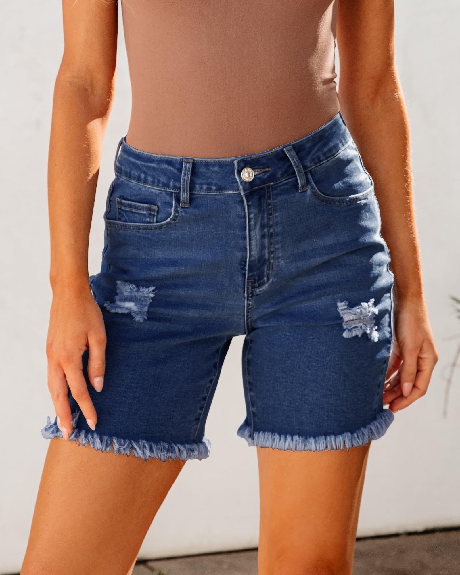 Luvamia Women's High Waisted Distressed Denim Shorts - Stretchy Ripped Raw Hem Casual Jean Shorts | Perfect for Summer Outfits, Beach Vacations & Street Style Fashion