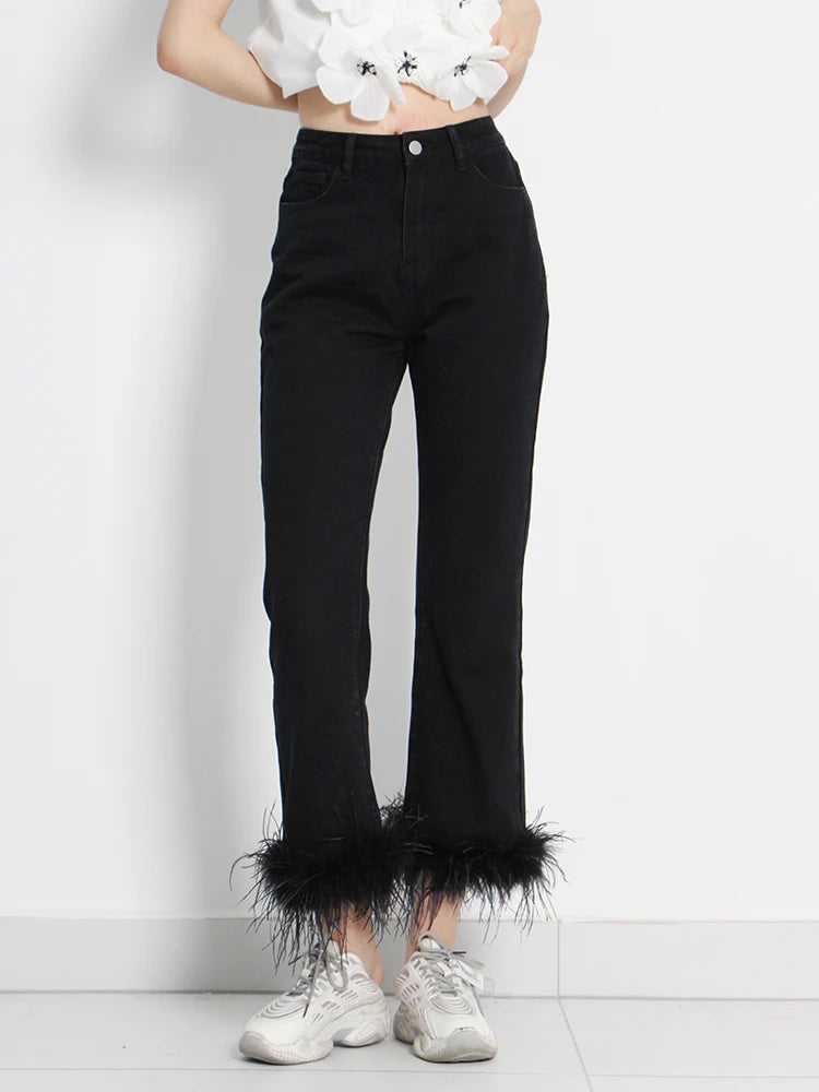 Women's Black Patchwork Feather Pants - High Waist Minimalist Trousers | Korean Fashion Style | Perfect for Casual Wear, Office Outfits & Street Style