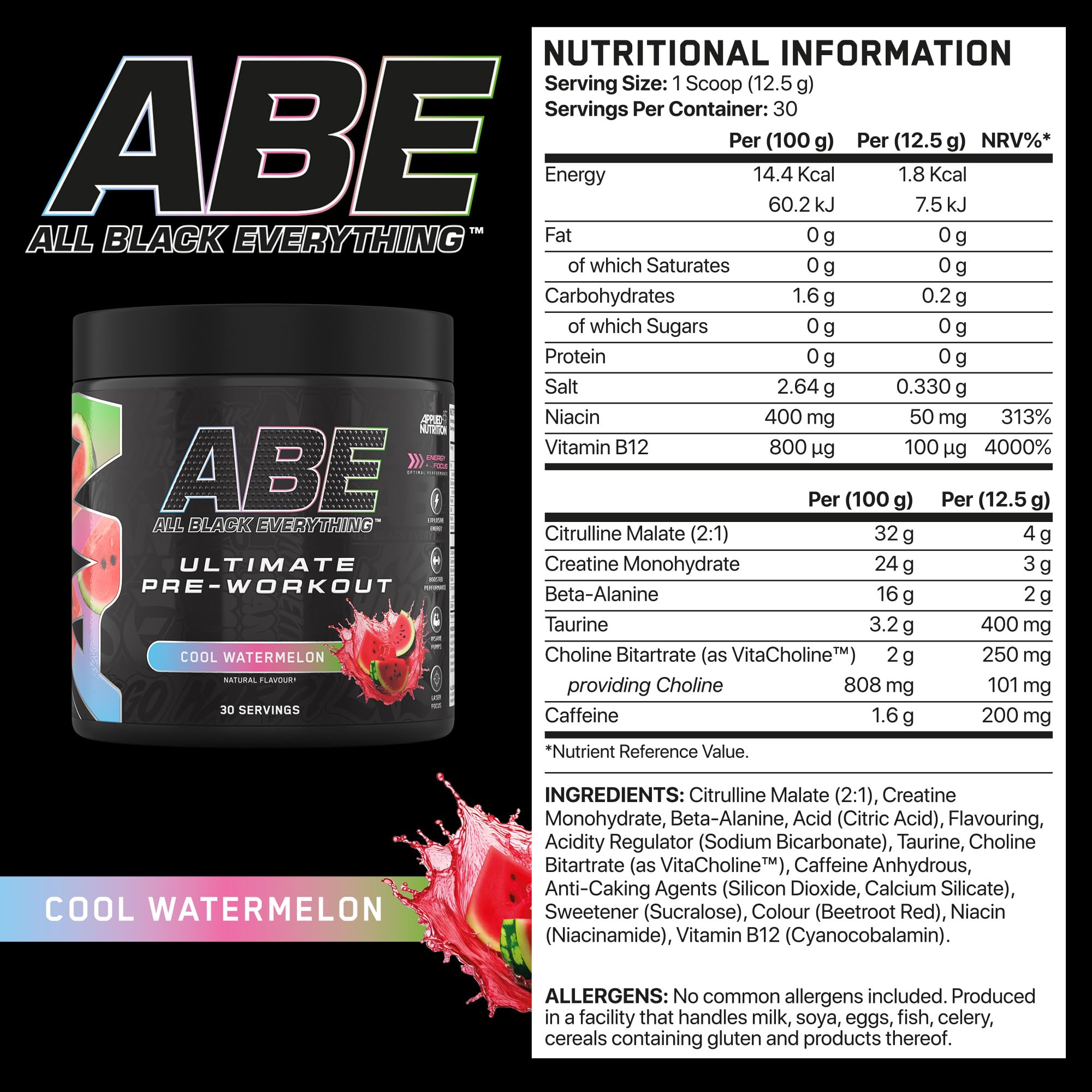 Applied Nutrition ABE All Black Everything Pre-Workout Powder 375g - Boost Energy & Focus for Intense Gym Sessions
