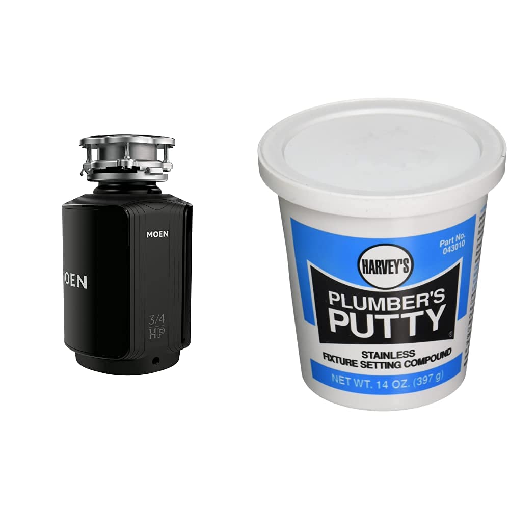 Moen GXS75C 3/4 HP Continuous Feed Garbage Disposal with Sound Reduction & Power Cord - WM Harvey 043010 14 oz Stainless Plumbers Putty - Perfect for Kitchen Sink Waste Disposal and Plumbing Repairs