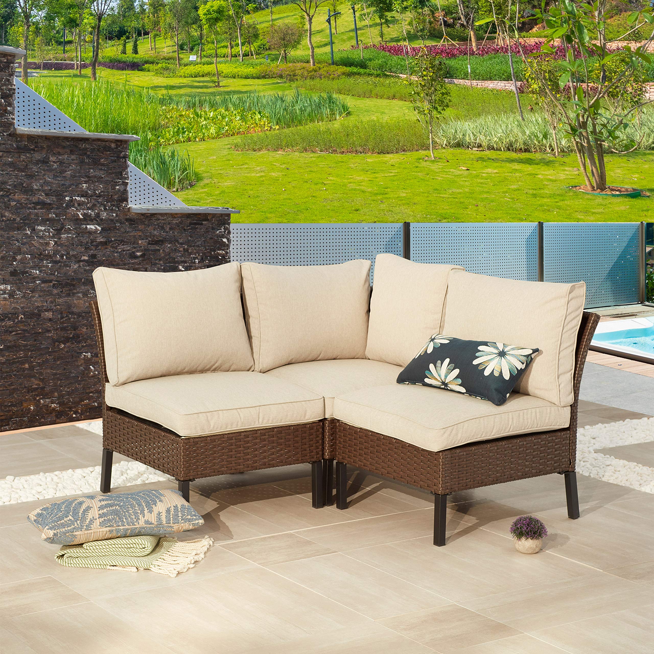 LOKATSE HOME 3-Piece Outdoor Rattan Conversation Set - Wicker Metal Patio Furniture with 1 Corner Sofa & 2 Armless Chairs, Beige - Perfect for Garden, Backyard, and Poolside Relaxation