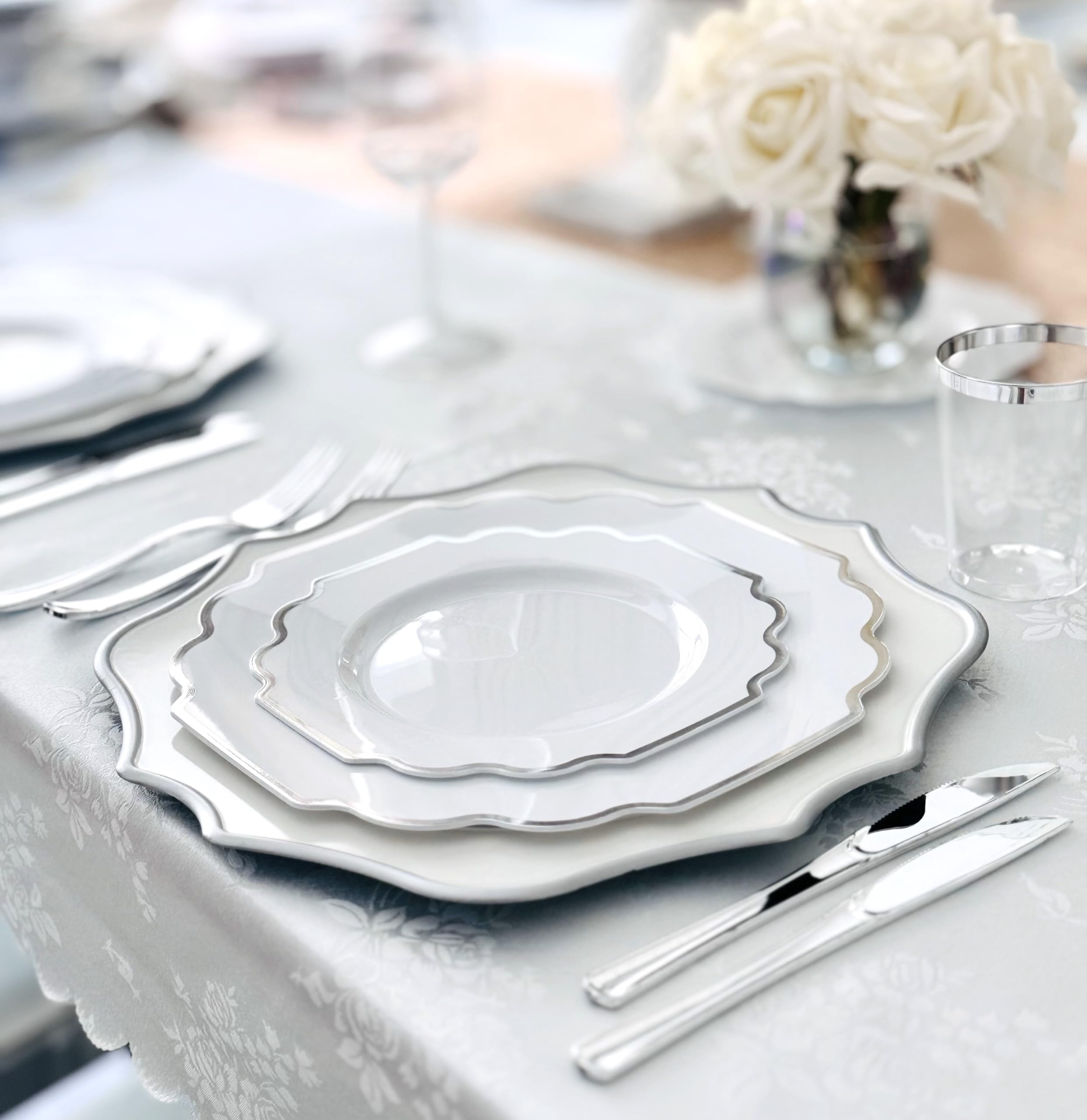 960-Piece Heavyweight Disposable Plastic Plate Set for Weddings & Parties - Includes 120 x 10.5'' Plates, 120 x 8'' Plates, Silverware, Cups & Napkins (White with Silver Rim) - Perfect for Large Gatherings, Catering Events & Special Occasions