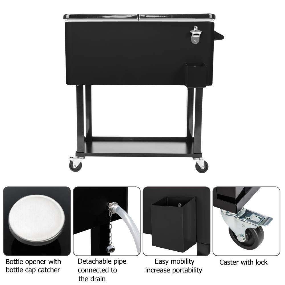 80QT Rolling Cooler Cart with Wheels - Insulated Ice Chest Beverage Cooler with Bottle Opener & Drainage Cap - Portable Outdoor Cooler with Dual-Sided Lid & Shelf - Perfect for Pool Parties, Beach Trips, Camping & Tailgating