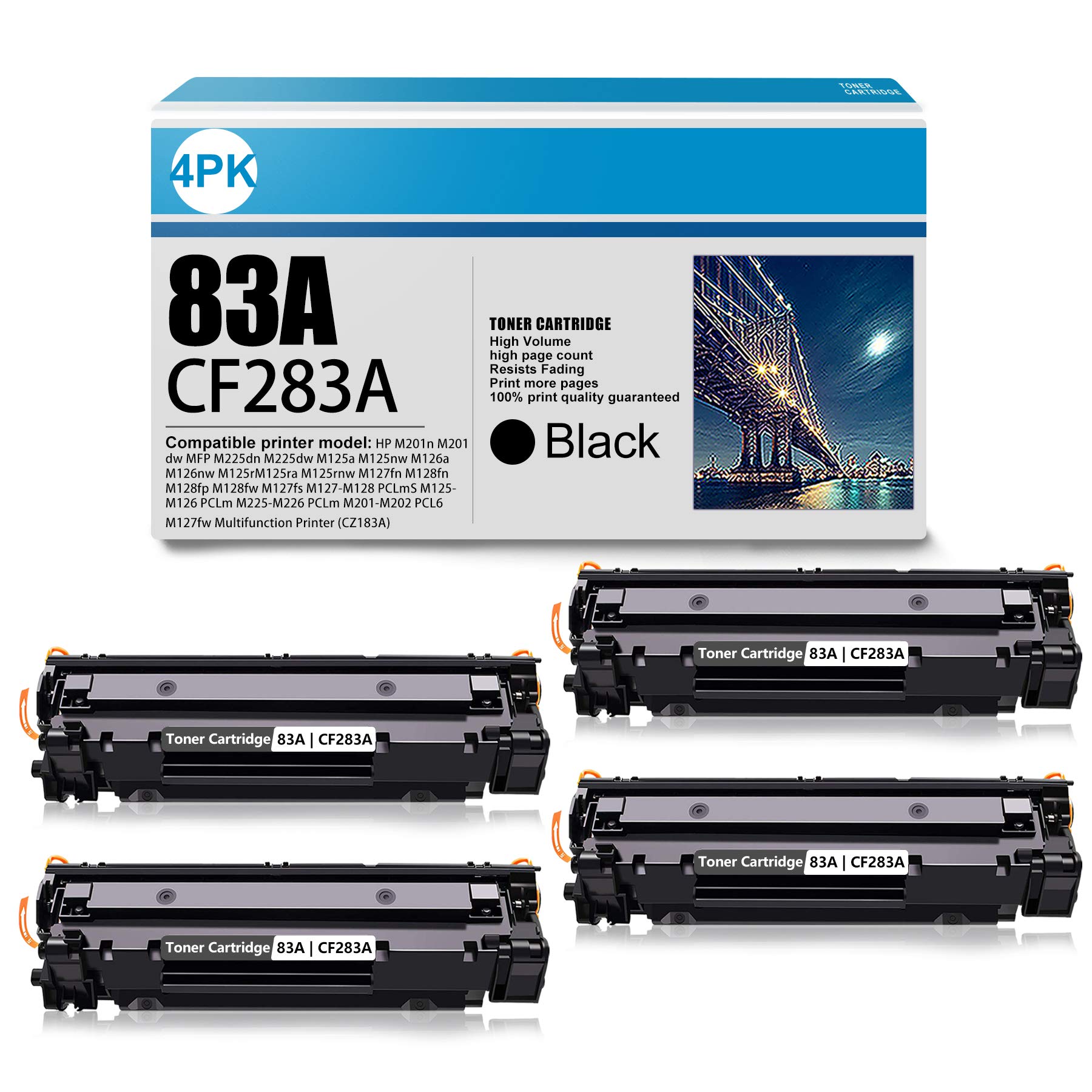 4 Pack Black High Yield Toner Cartridge 83A | CF283A Replacement for HP M201n M201dw MFP M225dn M225dw M125a M125nw M126a M126nw M125r M125ra M125rnw M127fn | Compatible with Home & Office Printers | Ideal for Documents, Reports & High-Volume Printing