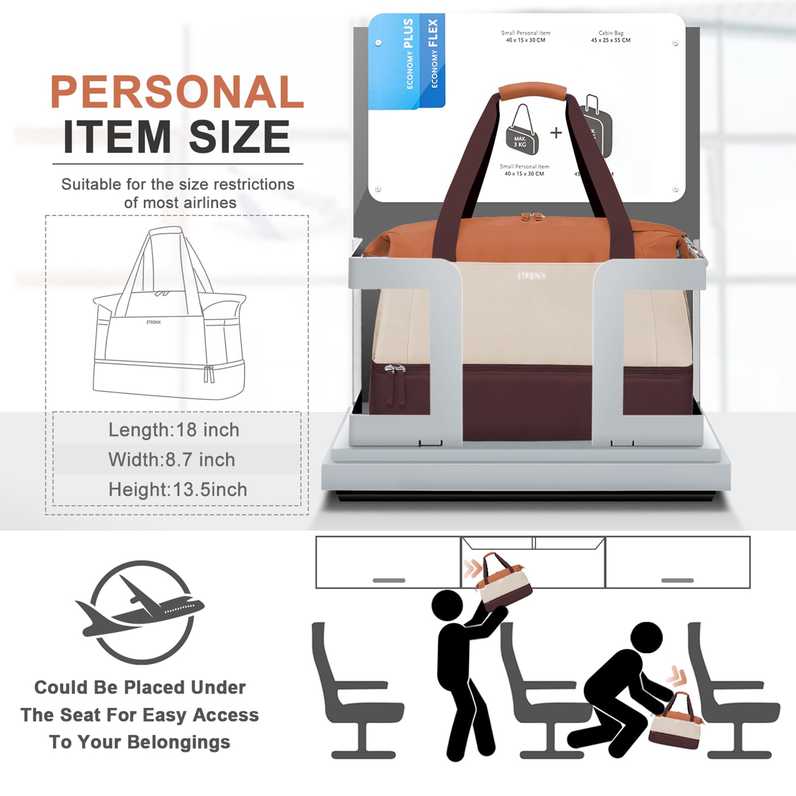 ETRONIK Women's Gym Bag with USB Charging Port - Waterproof Travel Duffel Bag with Wet Pocket & Shoe Compartment - Perfect for Yoga, Workout, Weekend Trips & Overnight Travel (Brown/Khaki/Orange, Medium) ET-0001