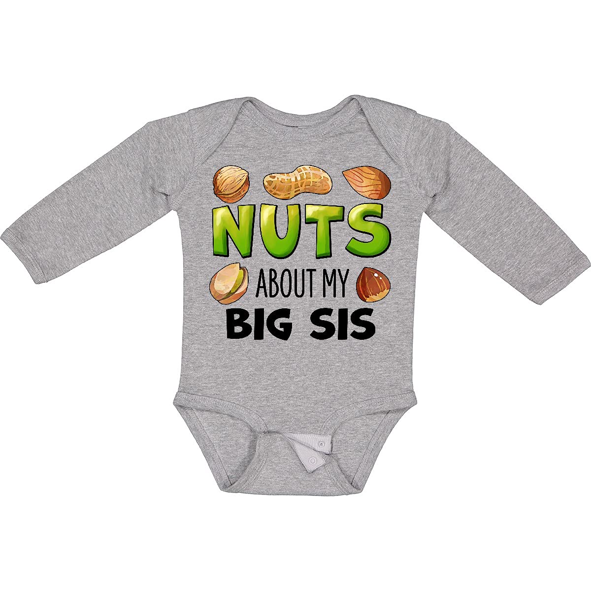 inktastic Nuts About My Big Sis Peanut Almond Pistachio Print Long Sleeve Baby Bodysuit - Cute Sibling Matching Outfit for Family Photos & Special Occasions