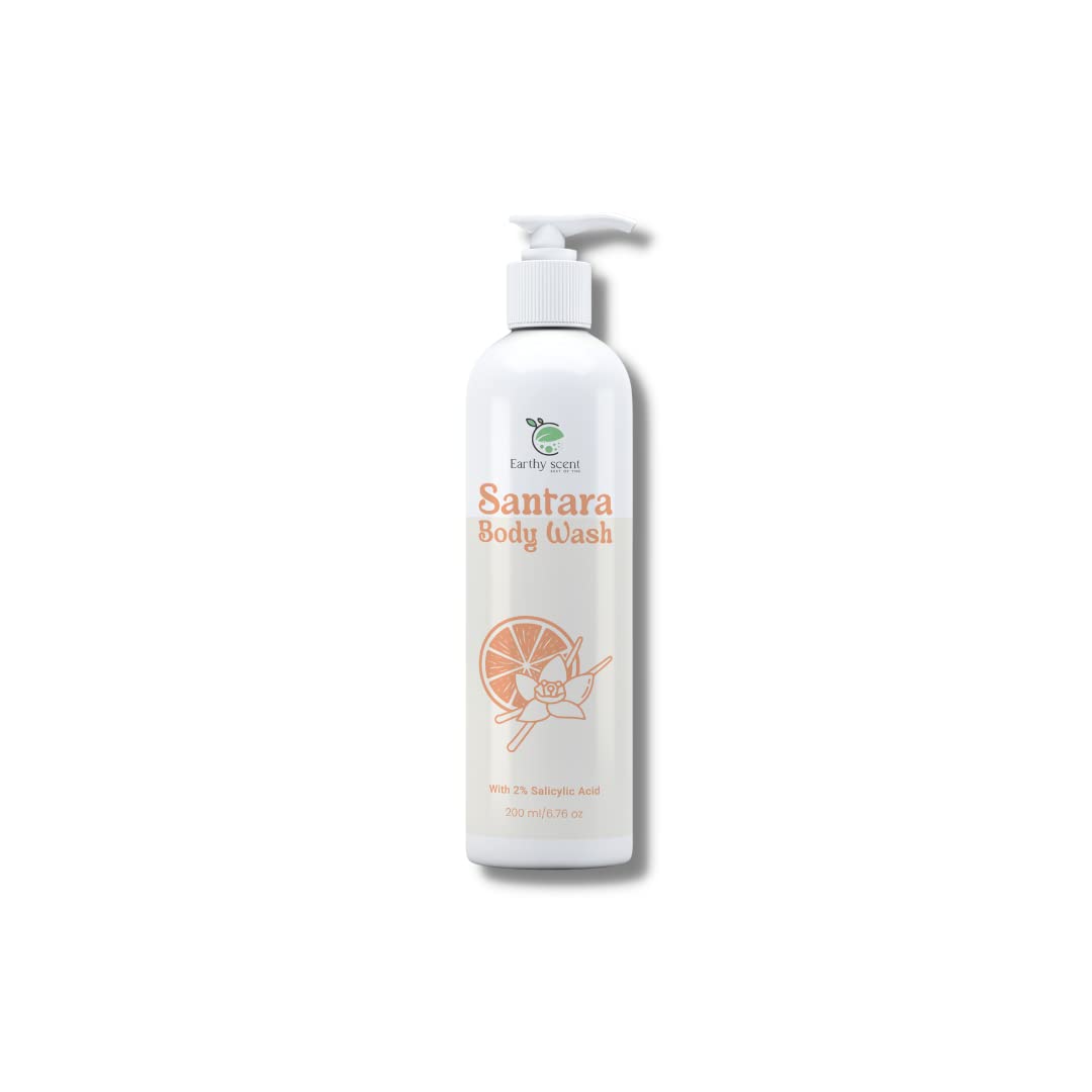 Earthy Scent Santara Body Wash with 2% Salicylic Acid - Acne Treatment for Rough, Bumpy & Strawberry Skin | Orange & Vanilla Oil Infused | Paraben & SLS Free 200ml | Gentle Exfoliating Shower Gel for Back & Body Breakouts - Perfect for Sensitive Skin & Daily Use