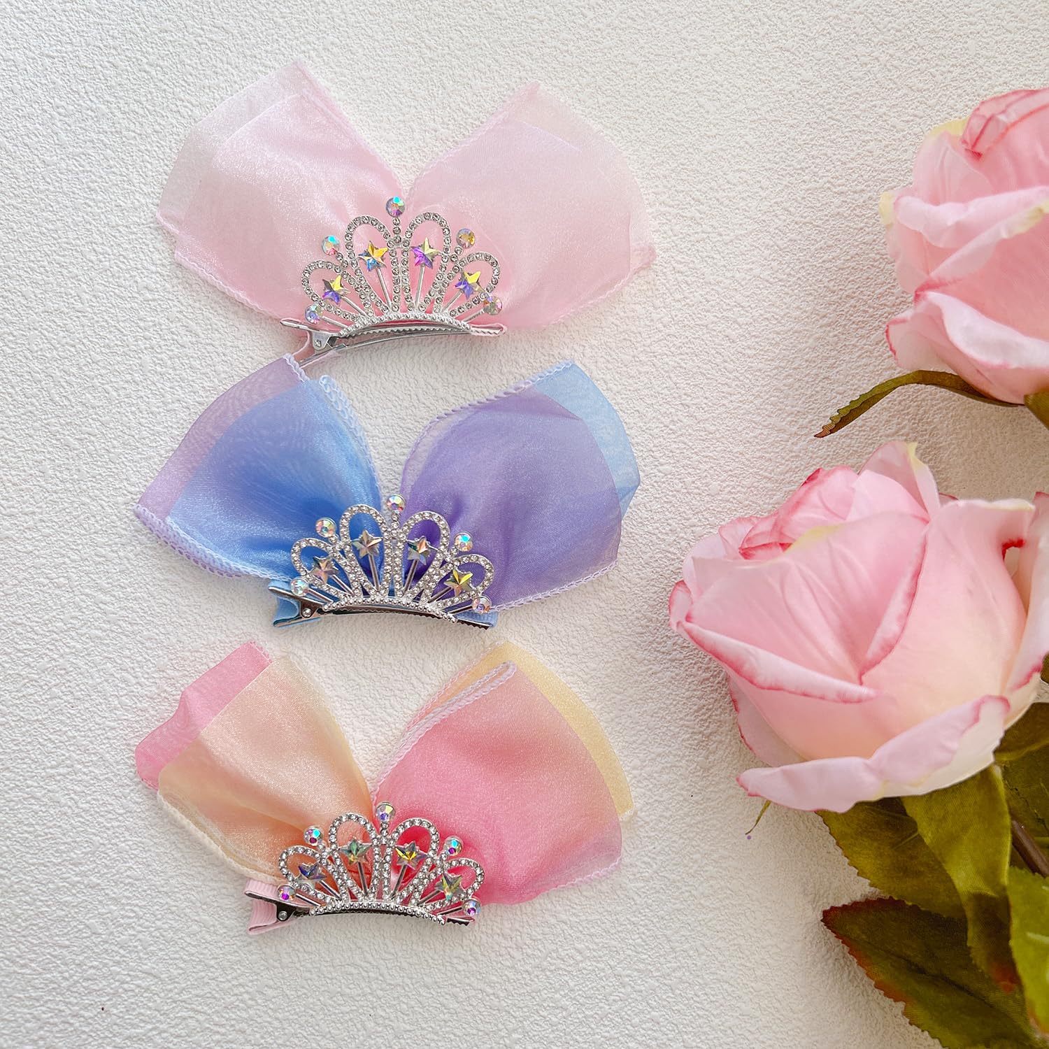 Royal Tiara Hair Clips for Girls - 3PCS Sparkling Rhinestone Bow Hair Accessories for Baby, Toddler & Kids | Perfect for Birthday Parties, Pageants & Special Occasions