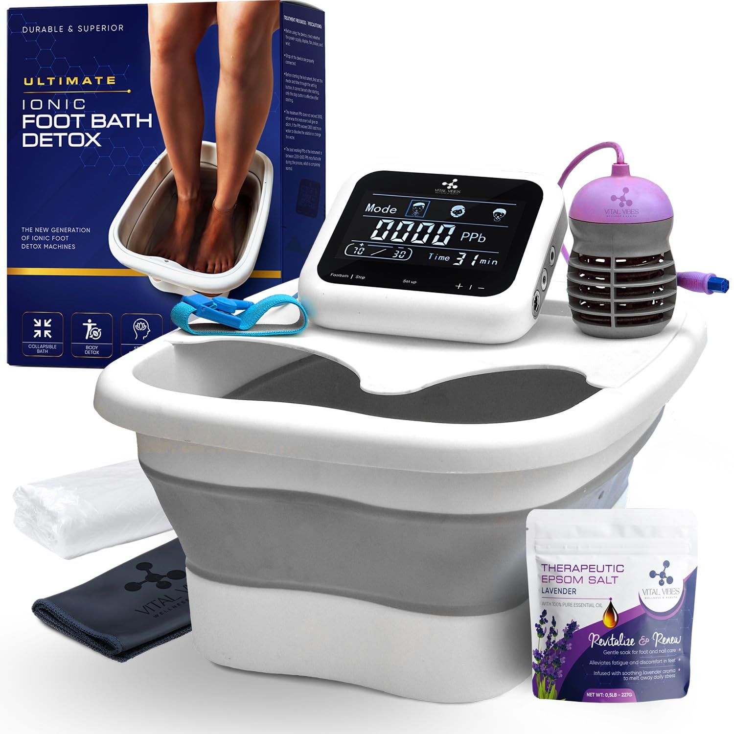 Ultimate Ionic Foot Bath Detox Machine - Spa Foot Detox with Touch Display, Includes Epsom Salt & Towel - Collapsible Soaking Tub with Ion Wristband & Tub Liners - Perfect for Home Spa, Relaxation, and Foot Care Therapy