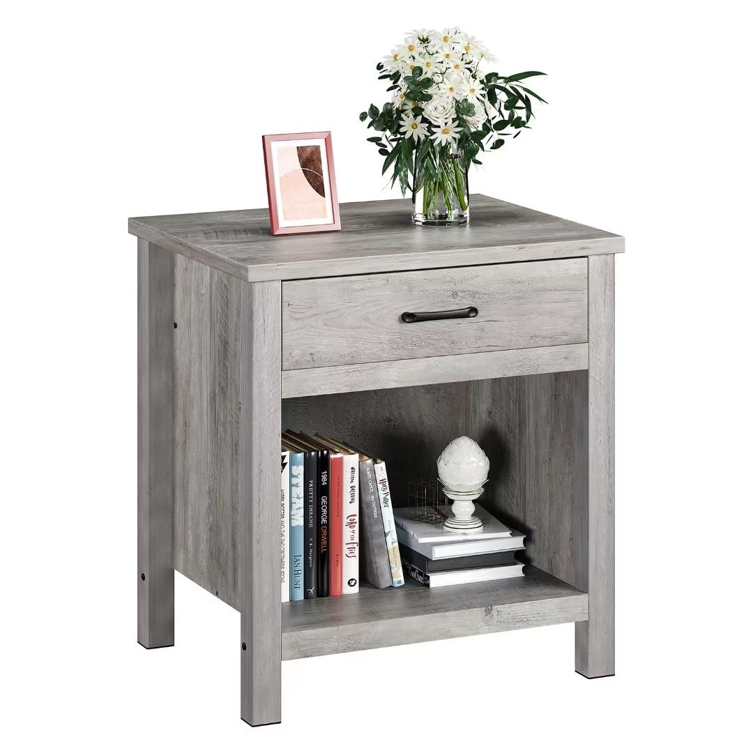 IHEX Farmhouse Square Nightstand with Storage Drawer - Rustic Grey End Table for Bedroom & Living Room | Perfect Bedside Table for Small Spaces, Apartment Decor & Guest Rooms