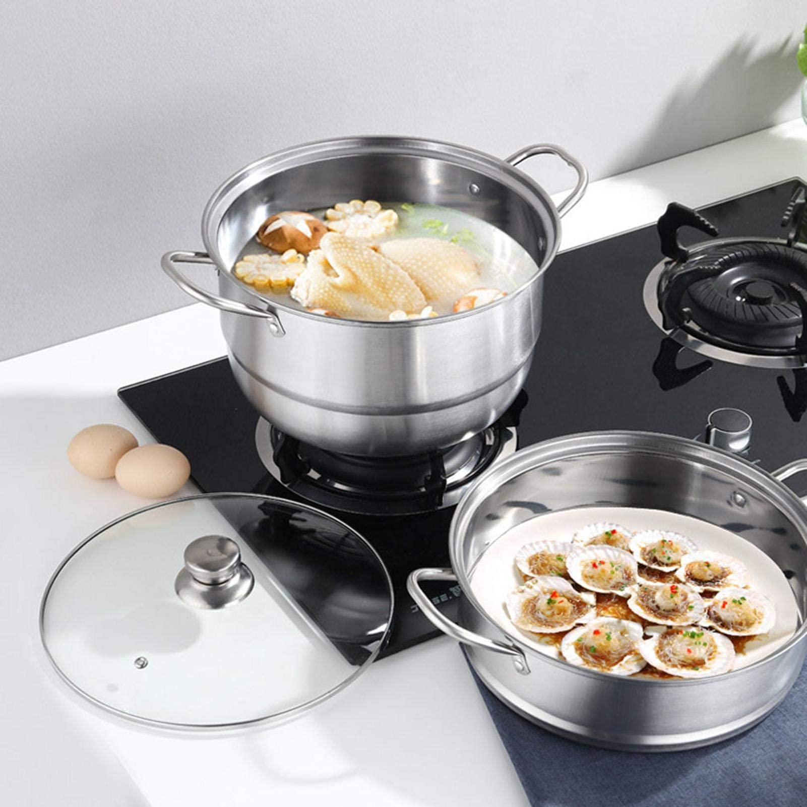 2 Tier Stainless Steel Steamer Pan with Glass Lid - 26cm/28cm/30cm Dual Layer Cookware for Vegetables, Dumplings & Seafood - Perfect for Home Cooking, Restaurants & Meal Prep
