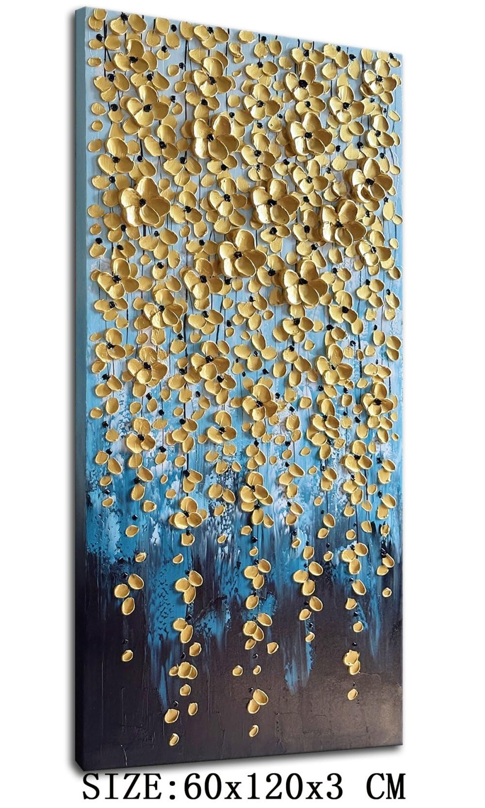 Zoinart 3D Modern Oil Painting on Canvas 24x48 Inches - Hand Painted Abstract Gold Floral Artwork with Texture - Vertical Contemporary Wall Art for Living Room, Bedroom & Office Decor