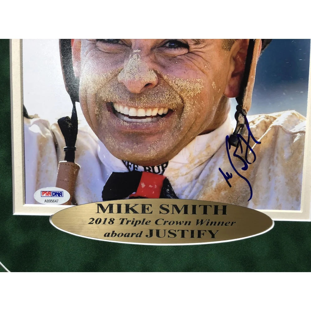 Mike Smith Triple Crown Framed Signed 8x10 Photo - Authentic Justify COA PSA/DNA with Ticket - Perfect for Sports Memorabilia Collectors & Horse Racing Fans