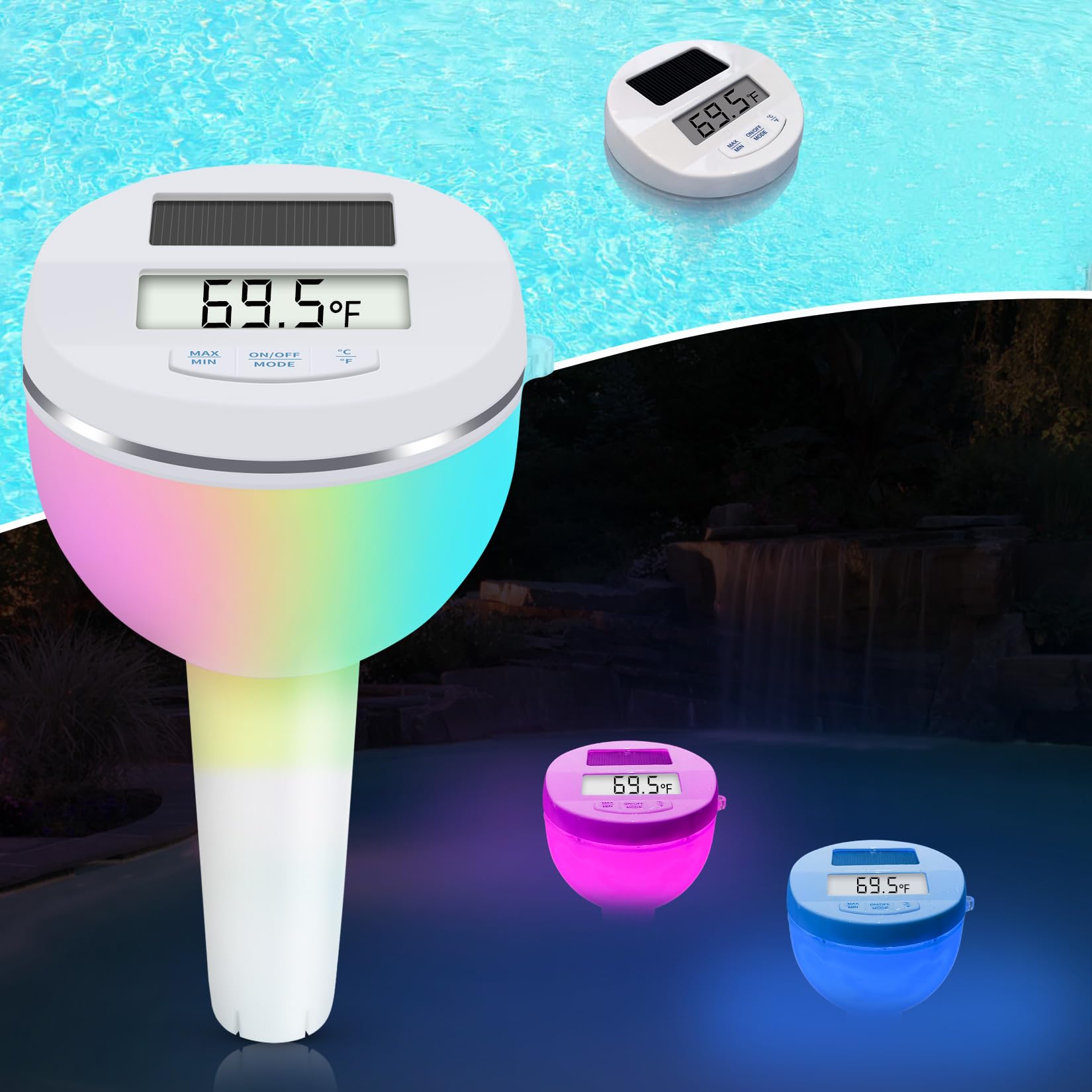 Solar Pool Thermometer with RGB Lights - Large LCD Backlit Display, IP68 Waterproof Floating Digital Thermometer for Swimming Pools, Hot Tubs & Spas - Easy to Read Temperature Gauge for Nighttime Use and Water Temperature Monitoring