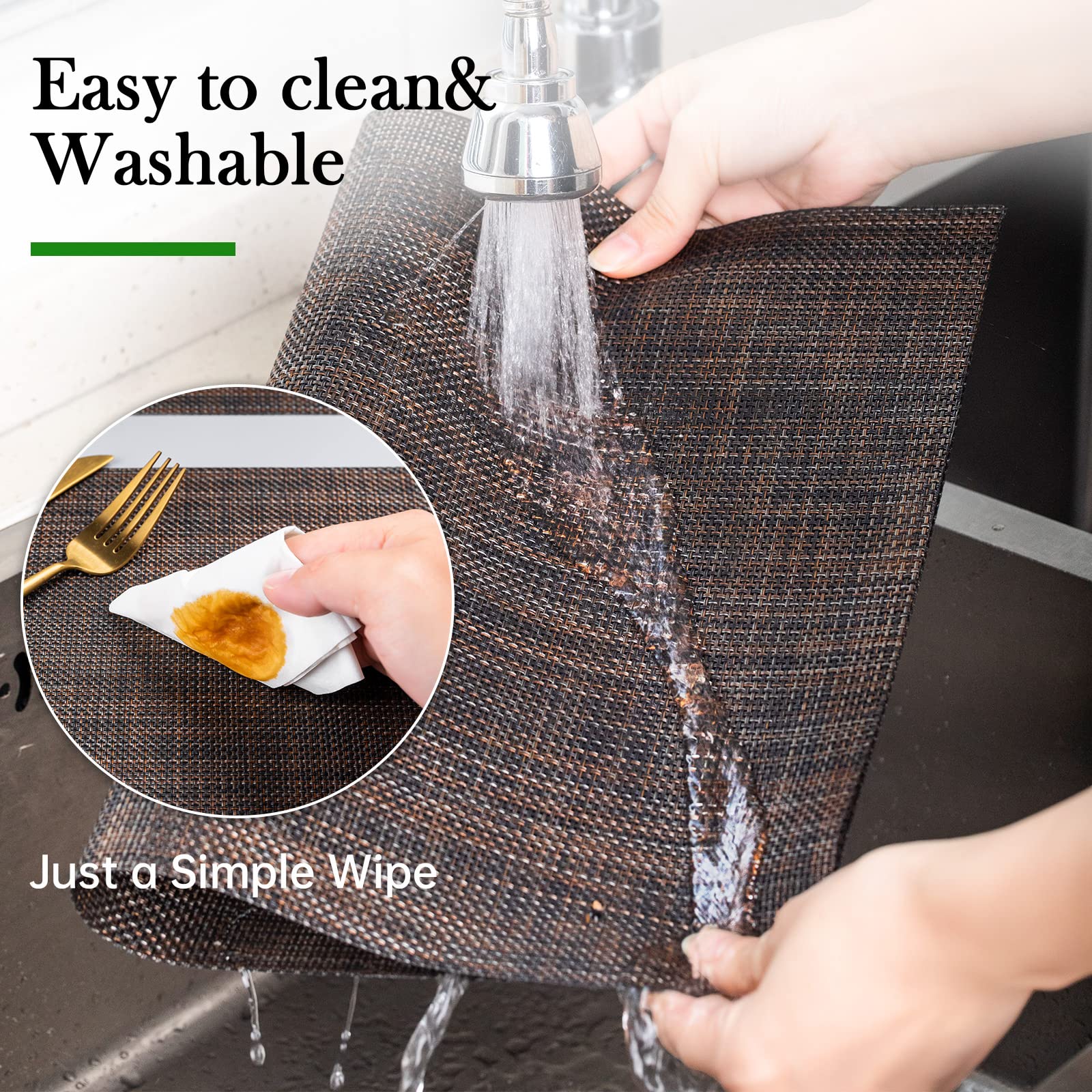 6-Pack Washable Vinyl Placemats for Dining Table - Indoor/Outdoor PVC Woven Table Mats in Black & Brown - Perfect for Kitchen, Patio, Picnic and Restaurant Use