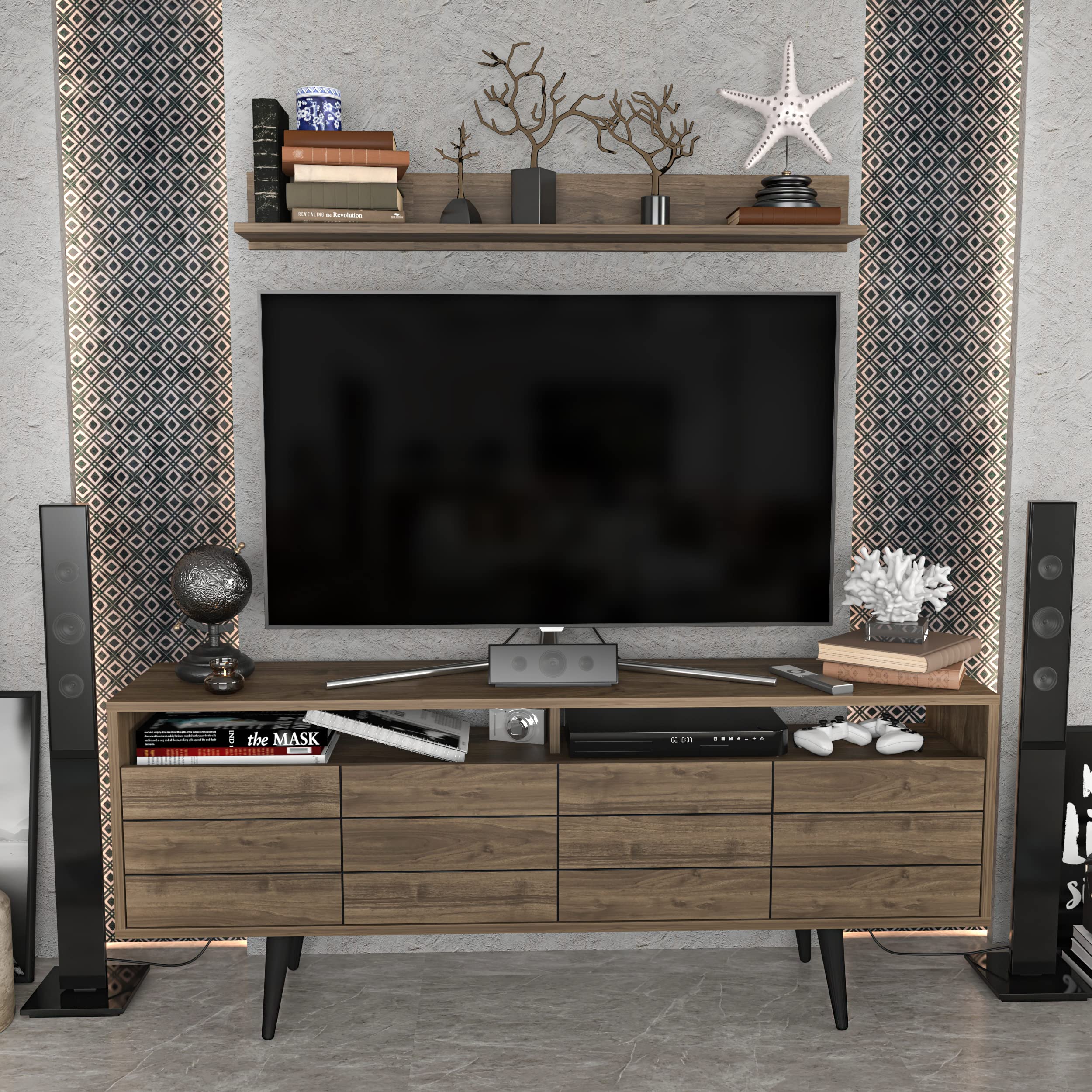 Decorotika Ola 72 Inch TV Stand with Wall Shelf - Modern Walnut Entertainment Center with 2 Storage Shelves & 2 Cabinets - Perfect for Living Room, Home Theater & Apartment Decor