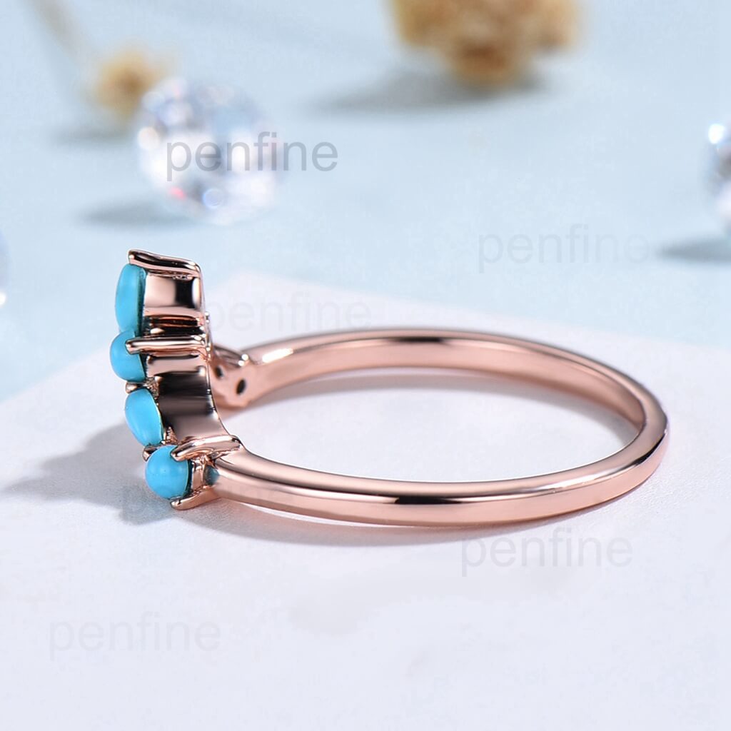 Vintage Turquoise Wedding Band for Women - 14K Gold Curved Stackable Ring, Elegant Bridal Jewelry for Engagement, Anniversary & Everyday Wear
