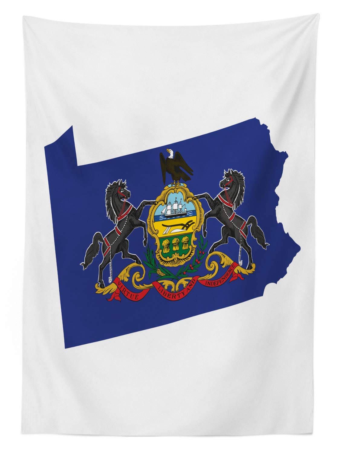 Pennsylvania State Flag & Map Outdoor Tablecloth - Keystone State Horses, American Eagle Coat of Arms - Washable Picnic Table Cover 58x104 Inches - Cobalt Blue Multicolor for BBQs, Picnics & Patriotic Events