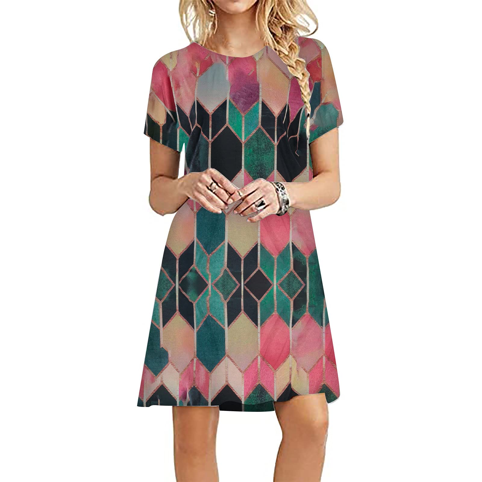 Nulairt Women's Short Sleeve Tie Dye Swing Mini Dress - Summer Casual T-Shirt Sundress for Beach, Party & Everyday Wear