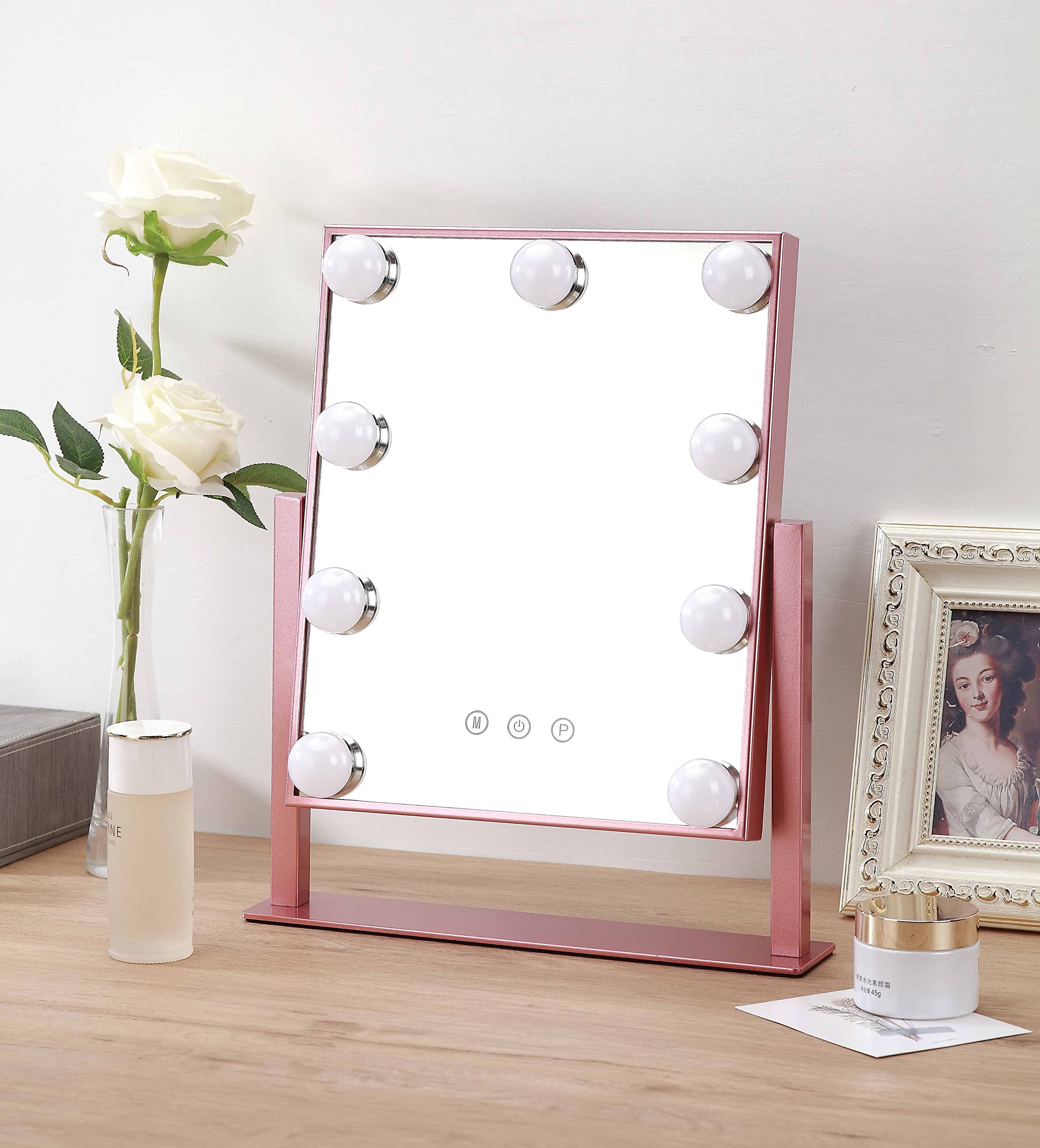 PinkBoss Vanity Mirror with LED Lights - Rose Gold Makeup Mirror for Dressing Table, Travel & Professional Makeup Artists - Perfect for Home, Salon & On-the-Go Touch Ups