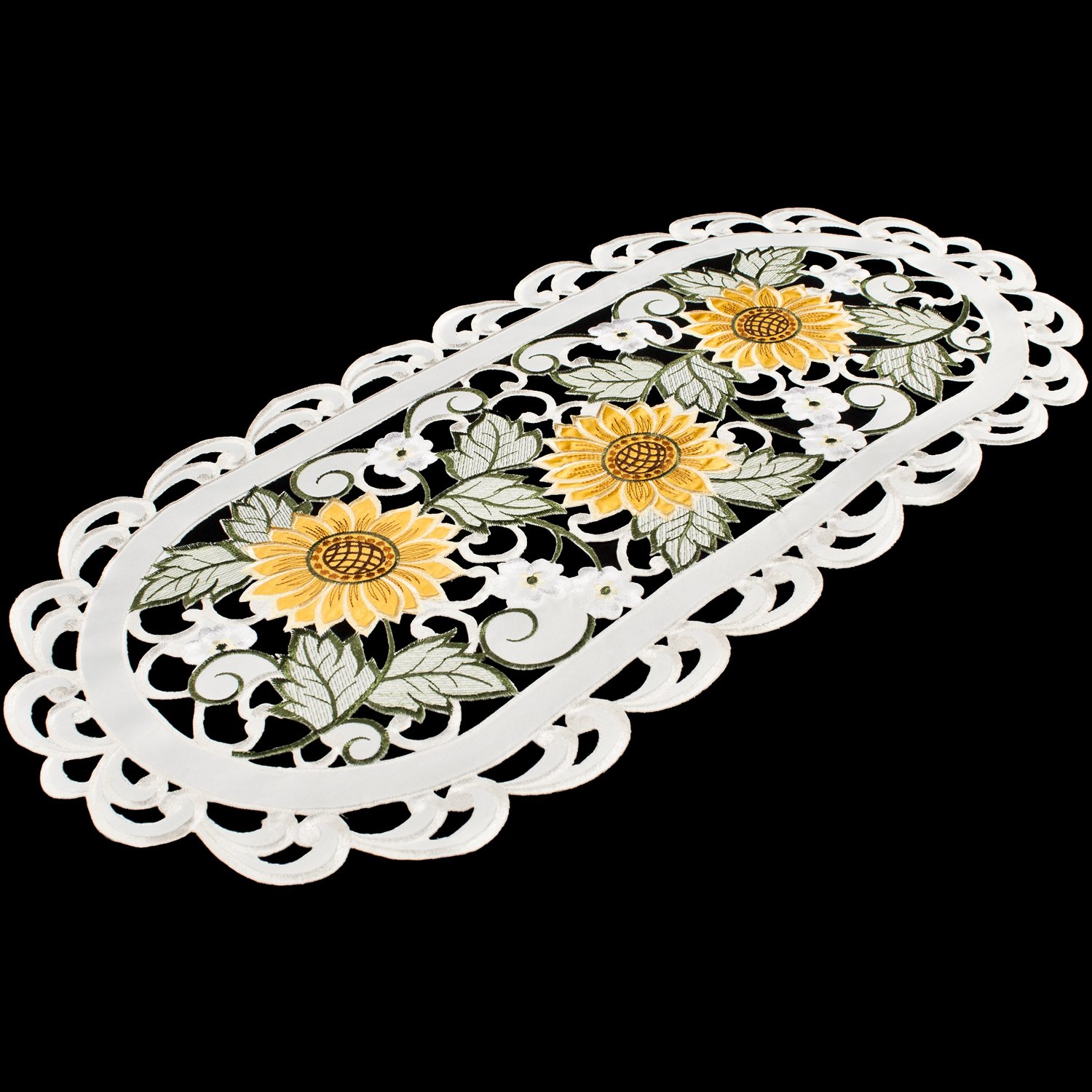 Embroidered Open Weave Sunflower and White Daisy Ivory Table Runner - 14x27 Inch Dresser Scarf, Coffee Table Doily for Dining Room Decor, Farmhouse Table Setting, Wedding Centerpiece