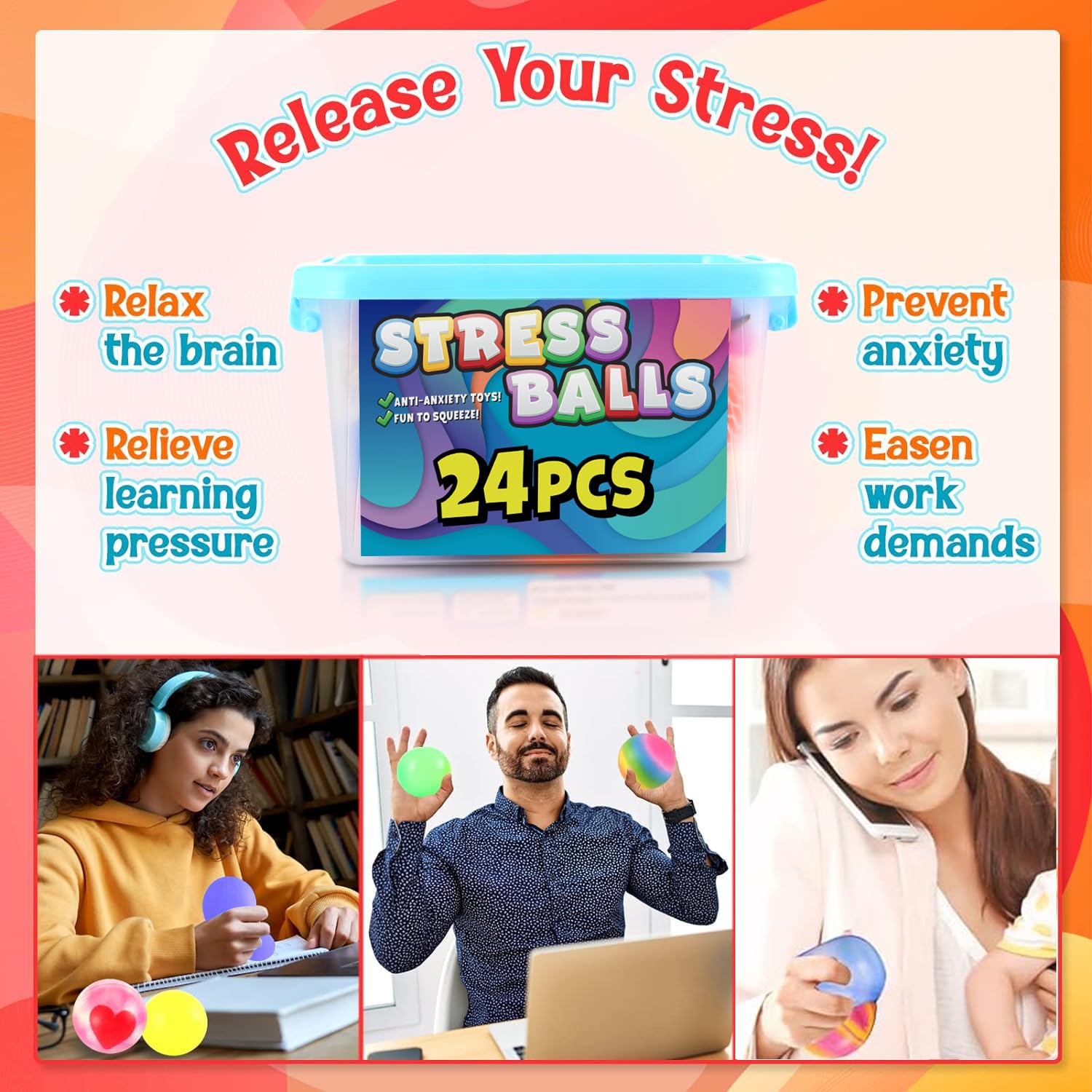 24 Pack Squishy Stress Balls for Adults & Kids - Sensory Fidget Toys for Autism, Anxiety Relief - Bulk Easter Basket Stuffers, Classroom Prizes, Travel Toys & Office Desk Stress Relief (OleOletOy Brand)