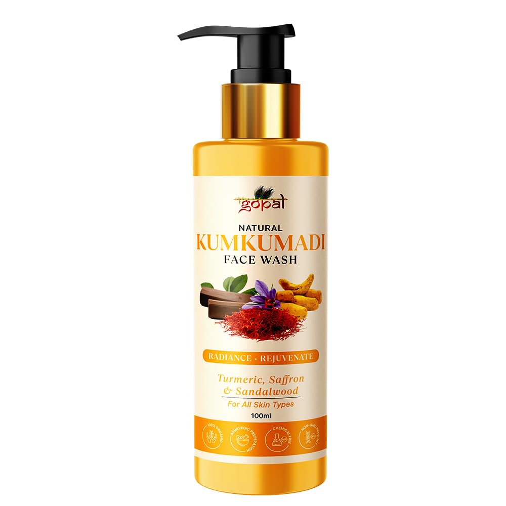 RamGopal Ayurveda Kumkumadi Face Wash with Natural Turmeric, Sandalwood & Saffron - Ayurvedic Cleanser for Radiant Skin | SLS & Paraben-Free | Suitable for All Skin Types | 100ml | Perfect for Daily Skincare Routine & Glowing Complexion