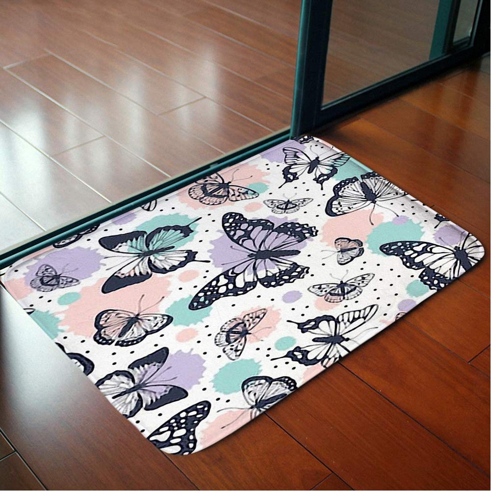 Non-Slip Butterfly Pattern Welcome Mat - Absorbent Indoor Door Mat for Bathroom, Kitchen, Living Room & Bedroom | Home Decor Floor Rug with Abstract Seamless Design - Perfect Housewarming Gift for Home & Office Use
