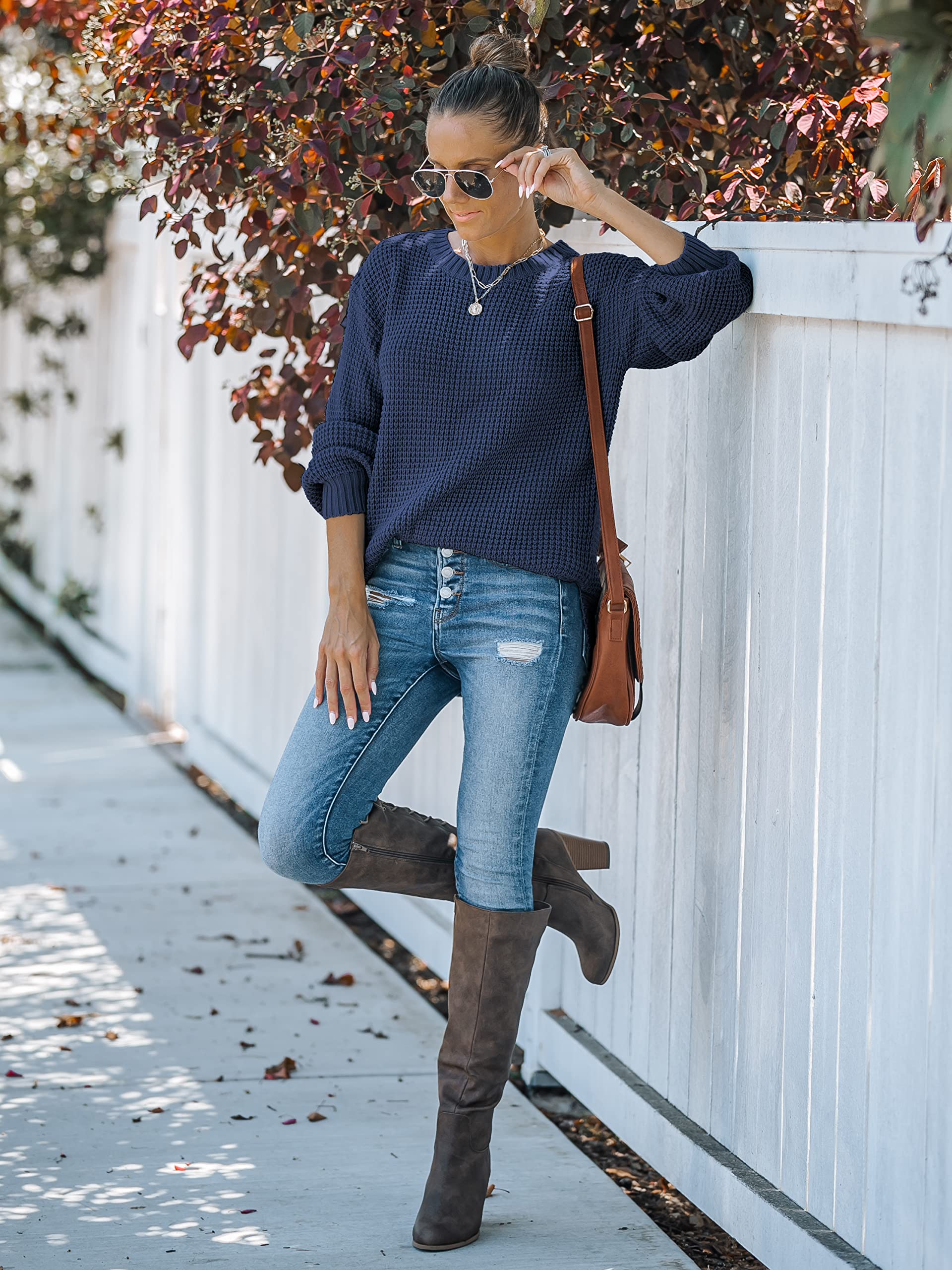 MEROKEETY Women's 2024 Fall Waffle Knit Sweater - Long Balloon Sleeve Loose Pullover Jumper - Cozy Casual Knitwear for Autumn, Perfect for Office, Dates & Weekend Outings