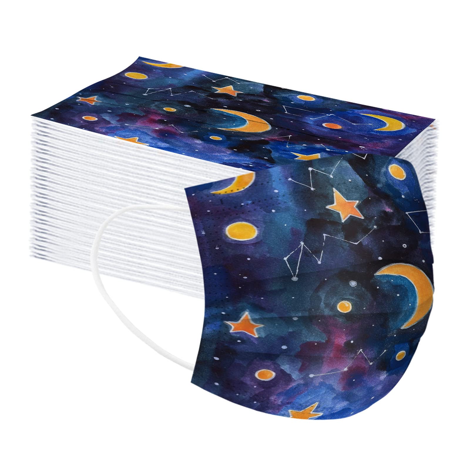 50Pcs Kids Disposable Face Masks - Children's Moon & Star Galaxy Design Face Mask with Nose Wire & Adjustable Ear Loops, 3-Ply Breathable for School, Travel & Daily Protection - Boys & Girls Safety Masks for Classroom, Playground & Holiday Activities
