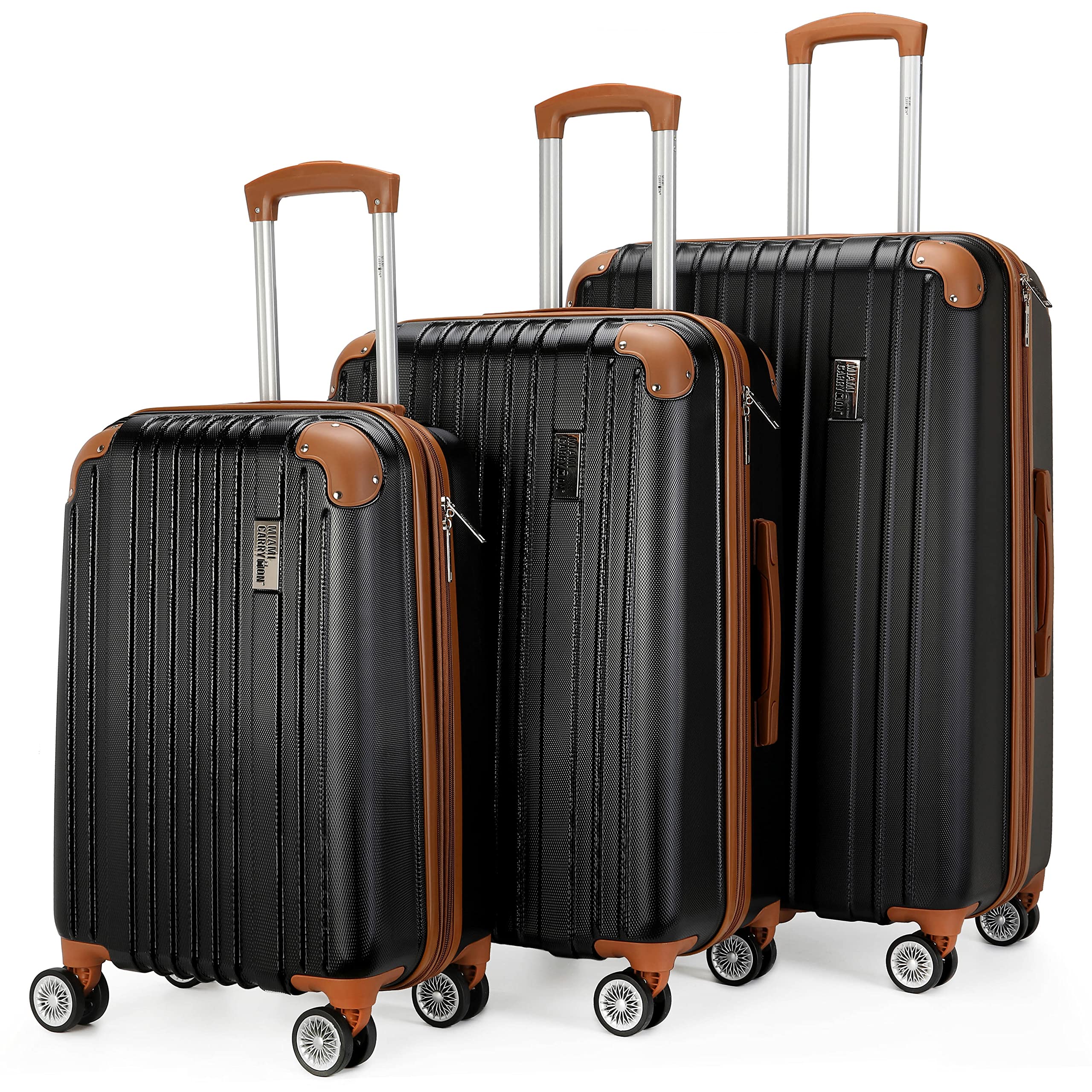 3-Piece Black Expandable Plastic Retro Spinner Luggage Set - Lightweight Suitcase for Travel, Business Trips & Vacations