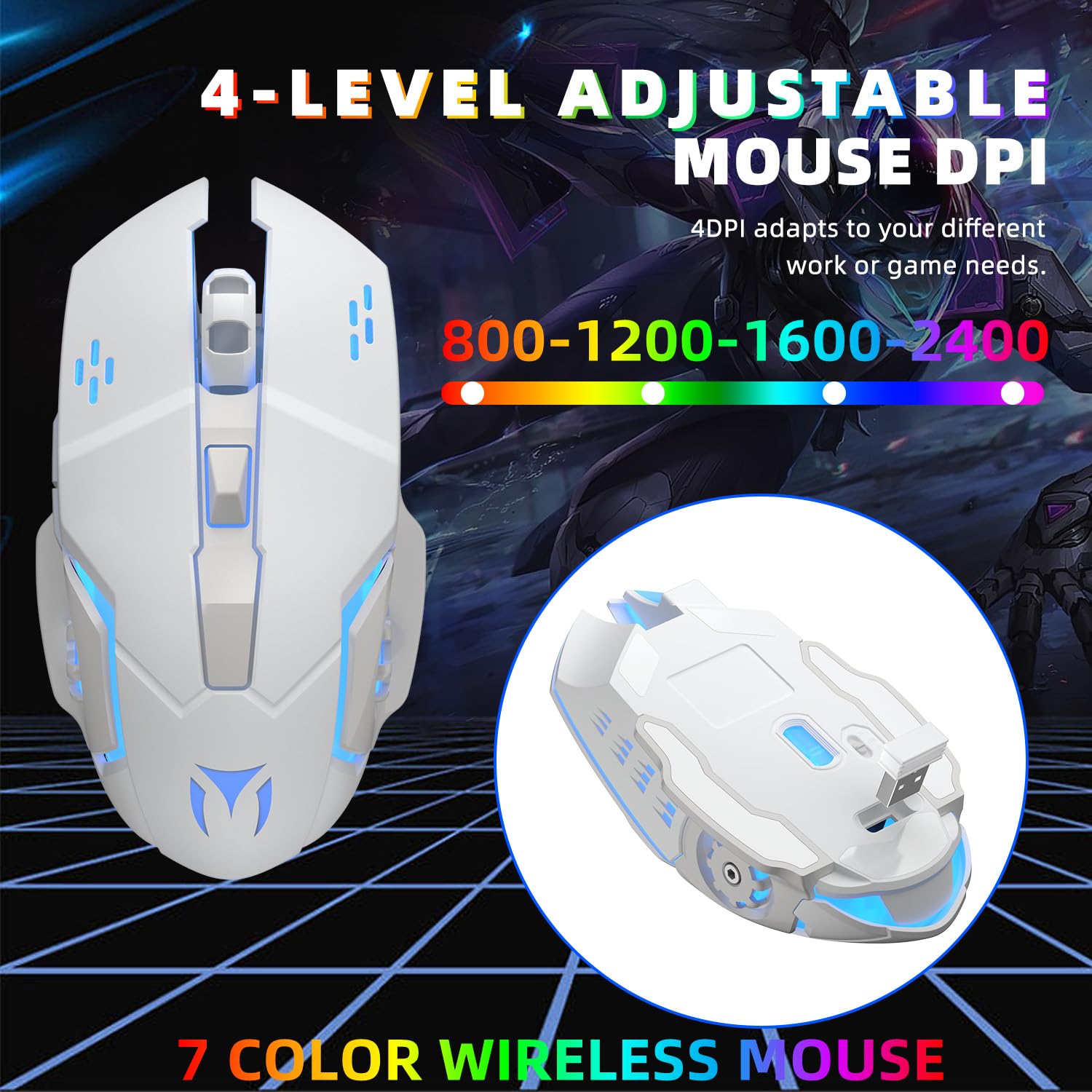 Wireless Gaming Keyboard and Mouse Combo with RGB Backlit - Rechargeable Ergonomic Keyboard Mouse Set for PC, Laptop, Mac | Long-Lasting Battery | Perfect for Gaming, Work & Office (White)