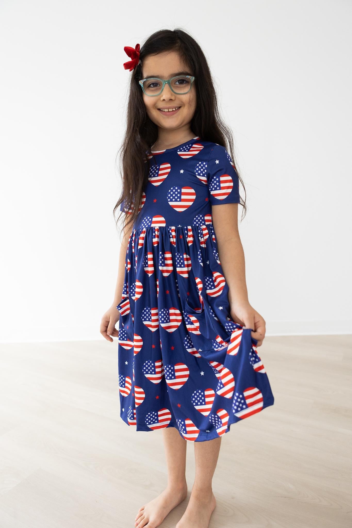 I Heart the USA Short Sleeve Pocket Twirl Dress - Casual Summer Swing Dress for Women, Perfect for Picnics, Parties & Patriotic Events