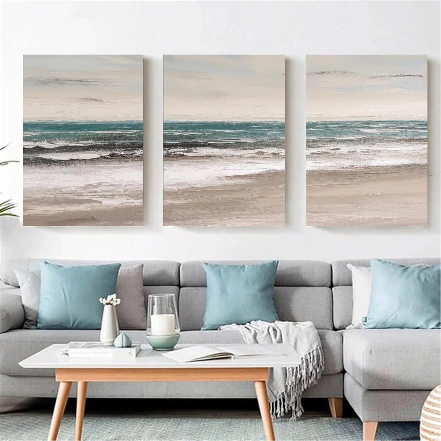 Ocean and Sky Wall Art Set of 3 - Coastal Beach Decor Paintings for Living Room, Bedroom & Office - Modern Seascape Canvas Prints (OS 257)