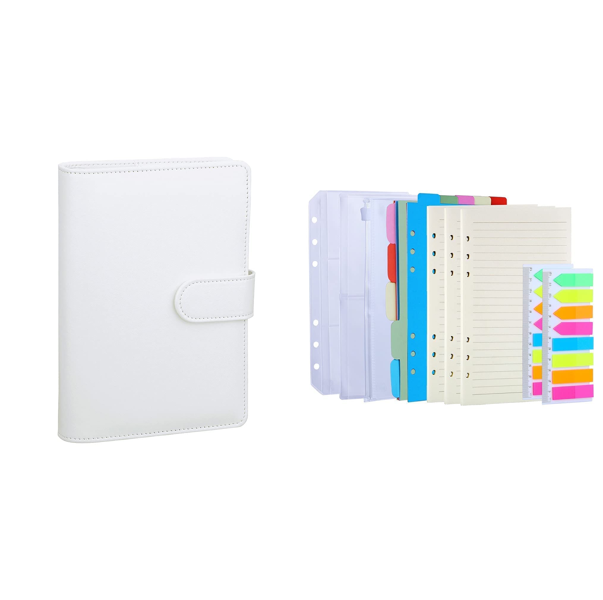 Antner A6 PU Leather Notebook Binder (White) - 3-Pack Refill Paper, 160 Neon Page Markers, 10 Dividers & 3 Pockets - Perfect for School, Office & Planner Organization