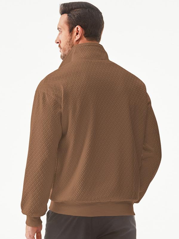 Men's Quarter Zip Sweatshirt - Casual Mock Neck Pullover with Geometric Waffle Texture | Long Sleeve Solid Color Sweater for Work, Outdoor & Lounge Wear