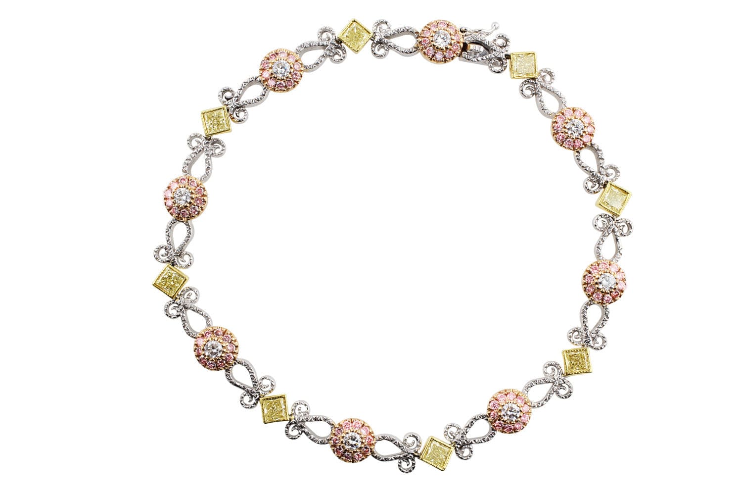 18K White Gold 4.23ctw Pink & Yellow Diamond Filigree Bracelet - Elegant Jewelry Gift for Women, Perfect for Weddings, Anniversaries & Special Occasions